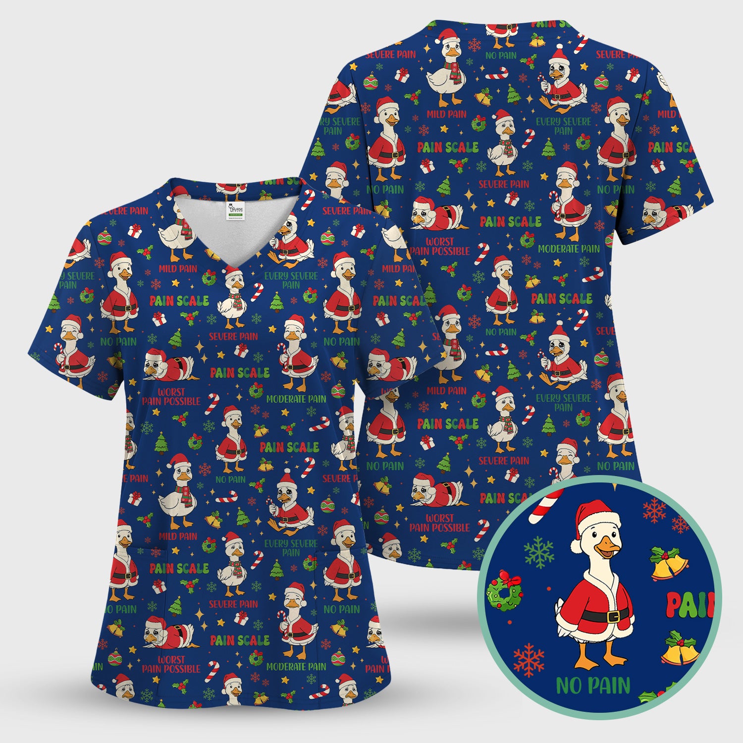 Christmas Nurse Scrub Top - Funny Goose Pain Scale - Cute Holiday Medical Uniform for Women