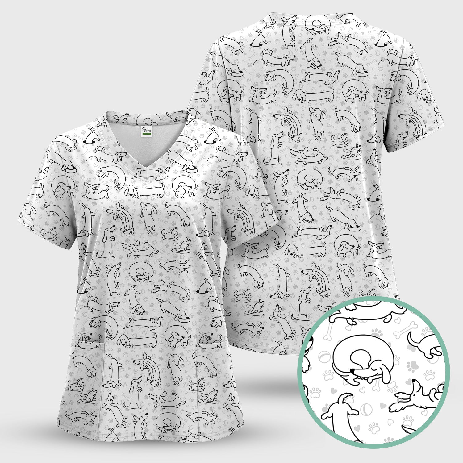 Playful Dachshund Dog Line Art Print Scrub Top, Comfortable Scrubs for Nurses