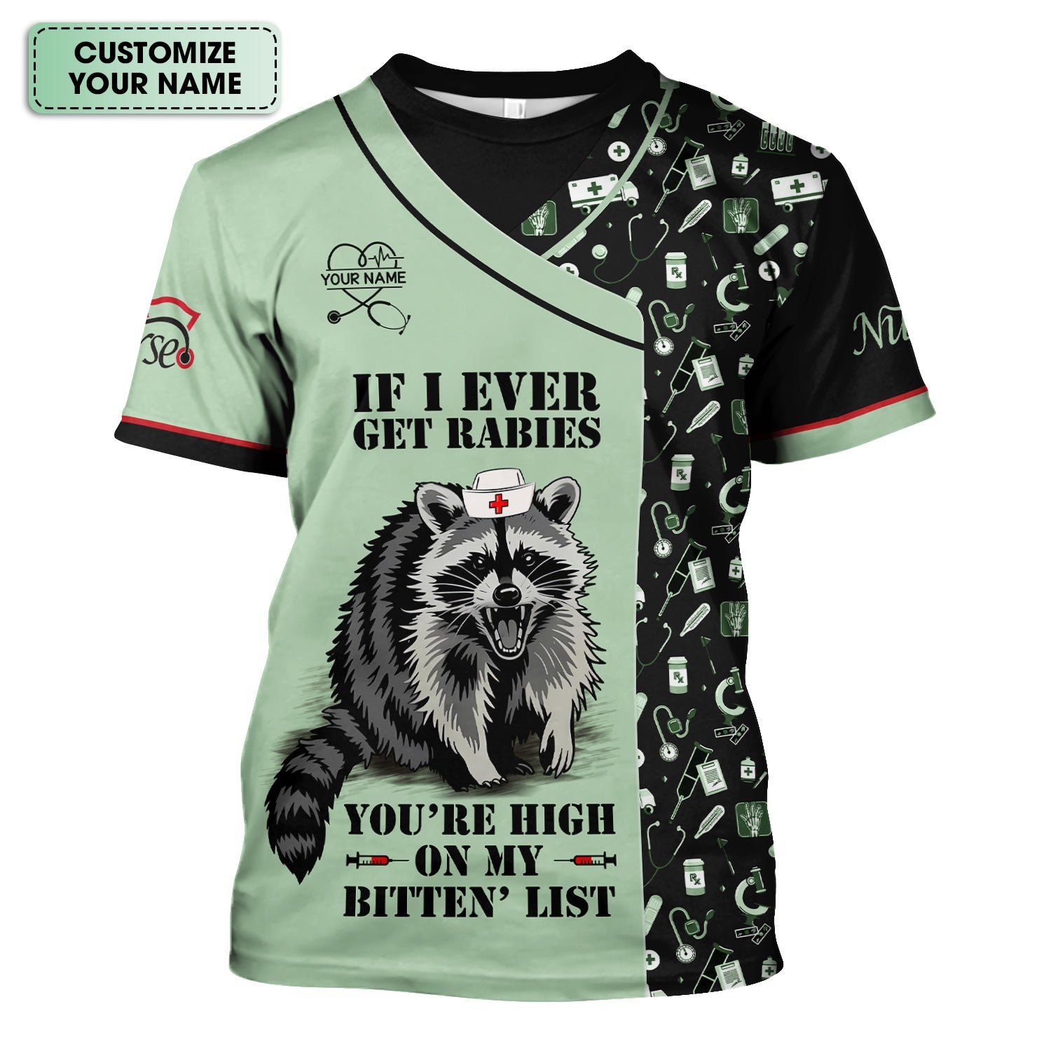 Personalized Funny Nurse Scrub for Women - Raccoon Nurse Graphic Design - Medical Gift for RN LPN CNA Healthcare Staff