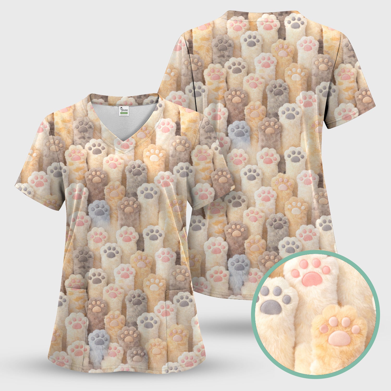 Cute Fluffy Cat Paw Pattern Scrub Top, Comfortable Scrubs for Nurses