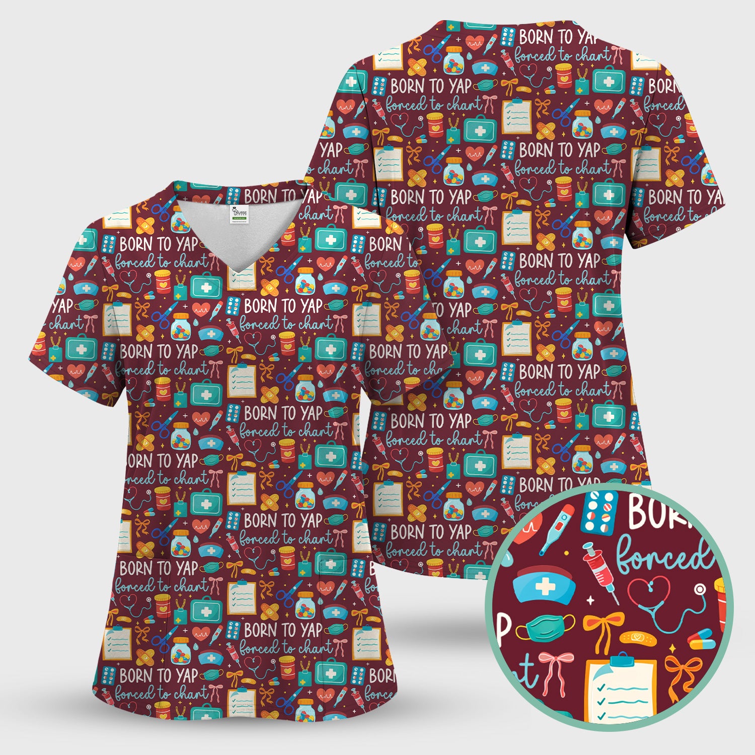 Born To Yap Medical Tools Pattern Scrub Top, Comfortable Scrubs for Nurses