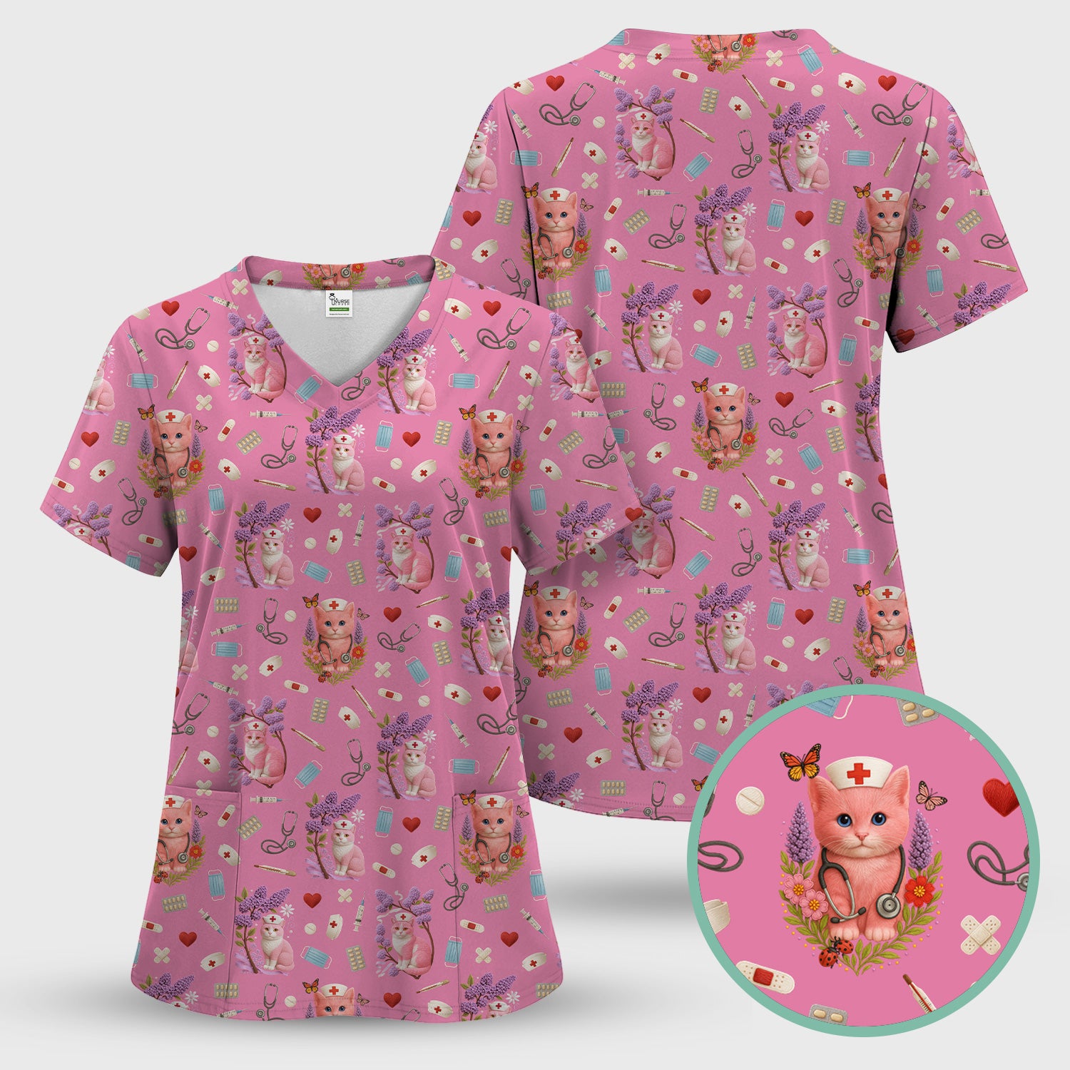 Cute Cat Pattern Nurse Scrub Set - Pink Medical Scrubs for Women - Adorable Kitty Print Gift for RN LPN CNA Healthcare Staff