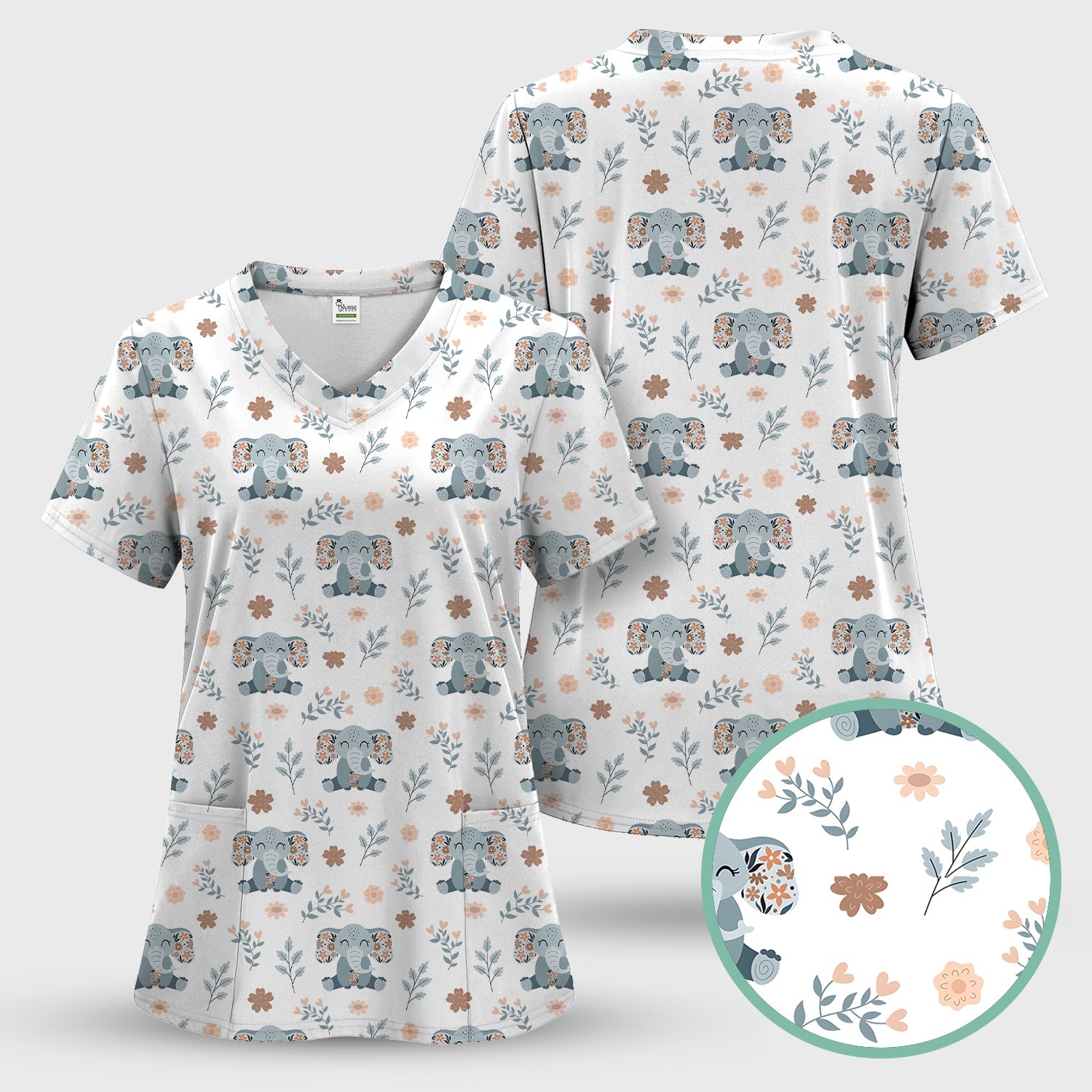 Cute Elephant Floral Print Scrub Top, Comfortable Scrubs for Nurses