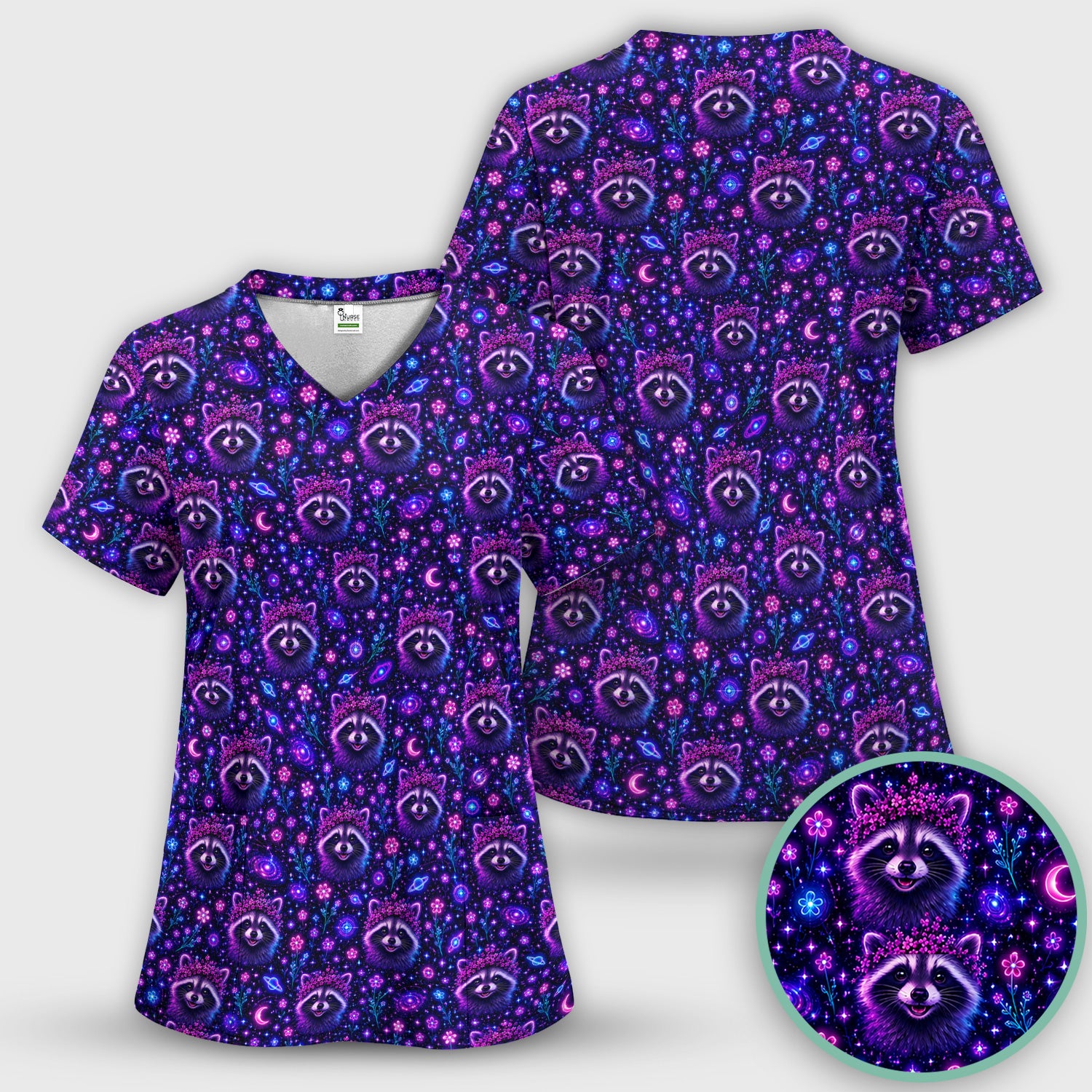 Galaxy Raccoon Nurse Pattern Scrub Top, Comfortable Scrubs for Nurses