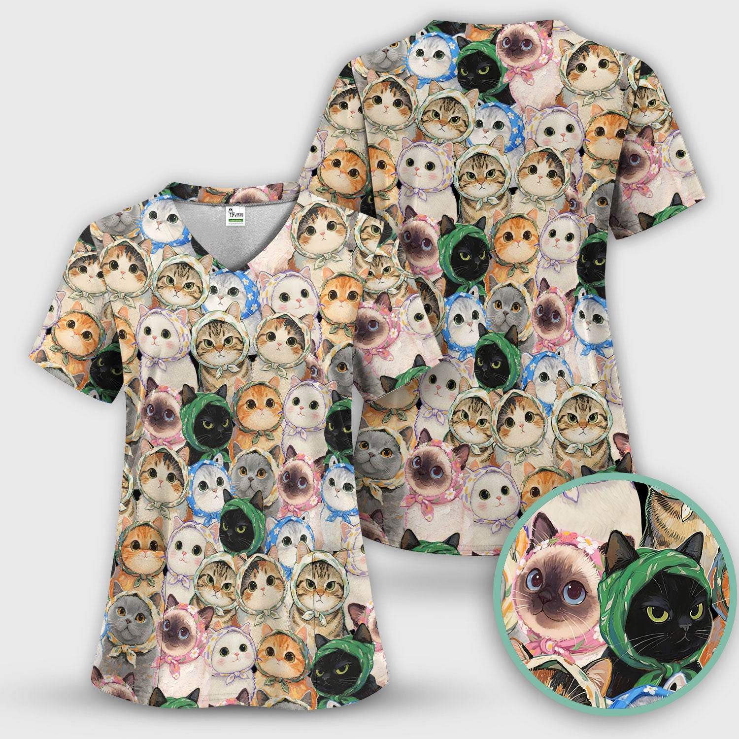 Adorable Multi Cat Portrait Pattern Scrub Top, Comfortable Scrubs for Nurses