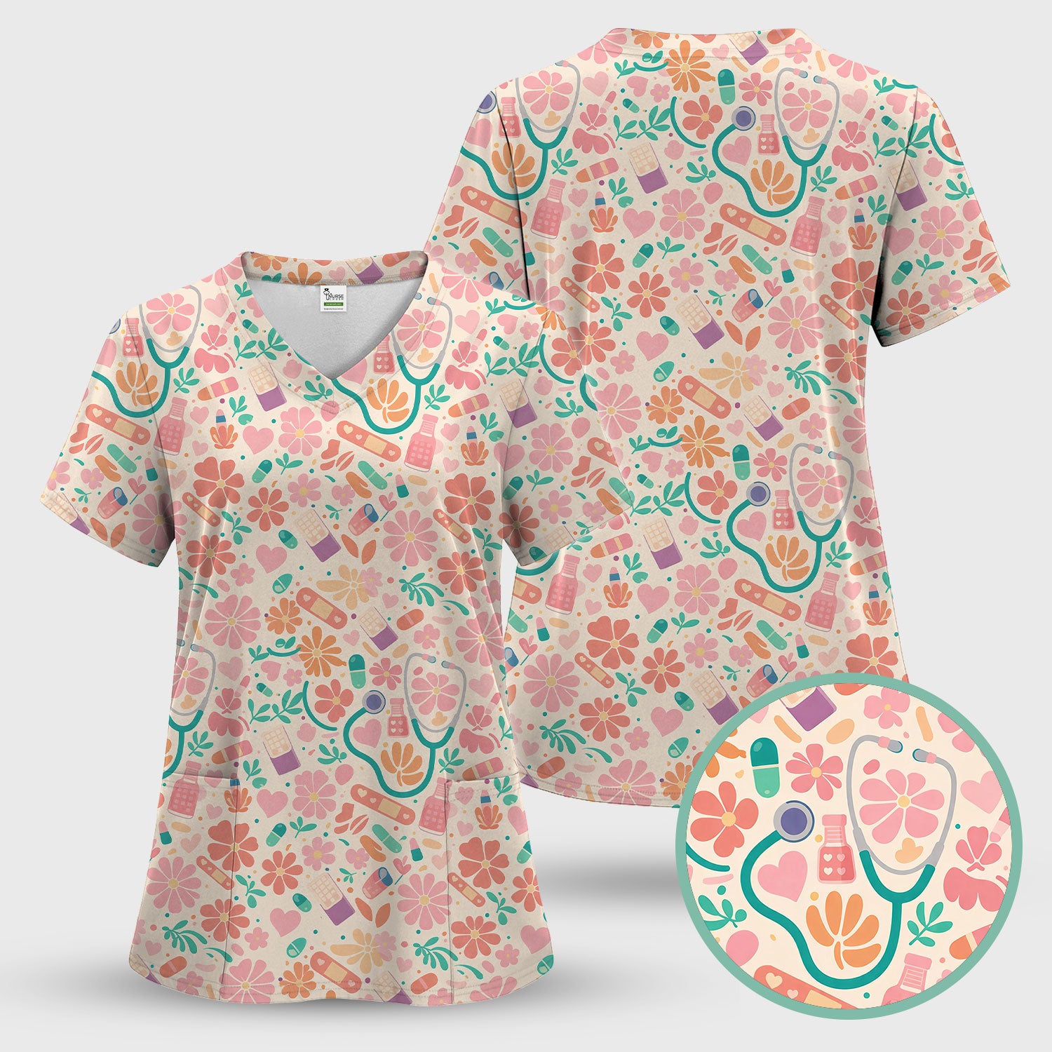 Cute Medical Floral Pattern Scrub Set, Scrub Pants and V Neck Top