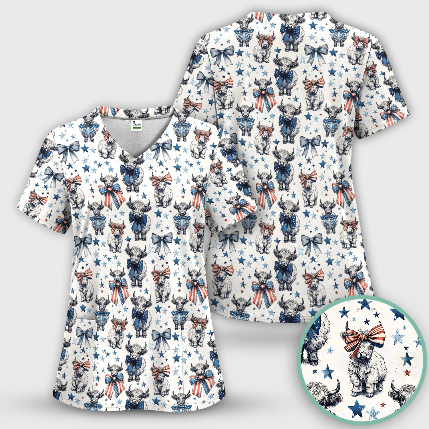 Patriotic Highland Cow Stars Pattern Scrub Top, Comfortable Scrubs for Nurses