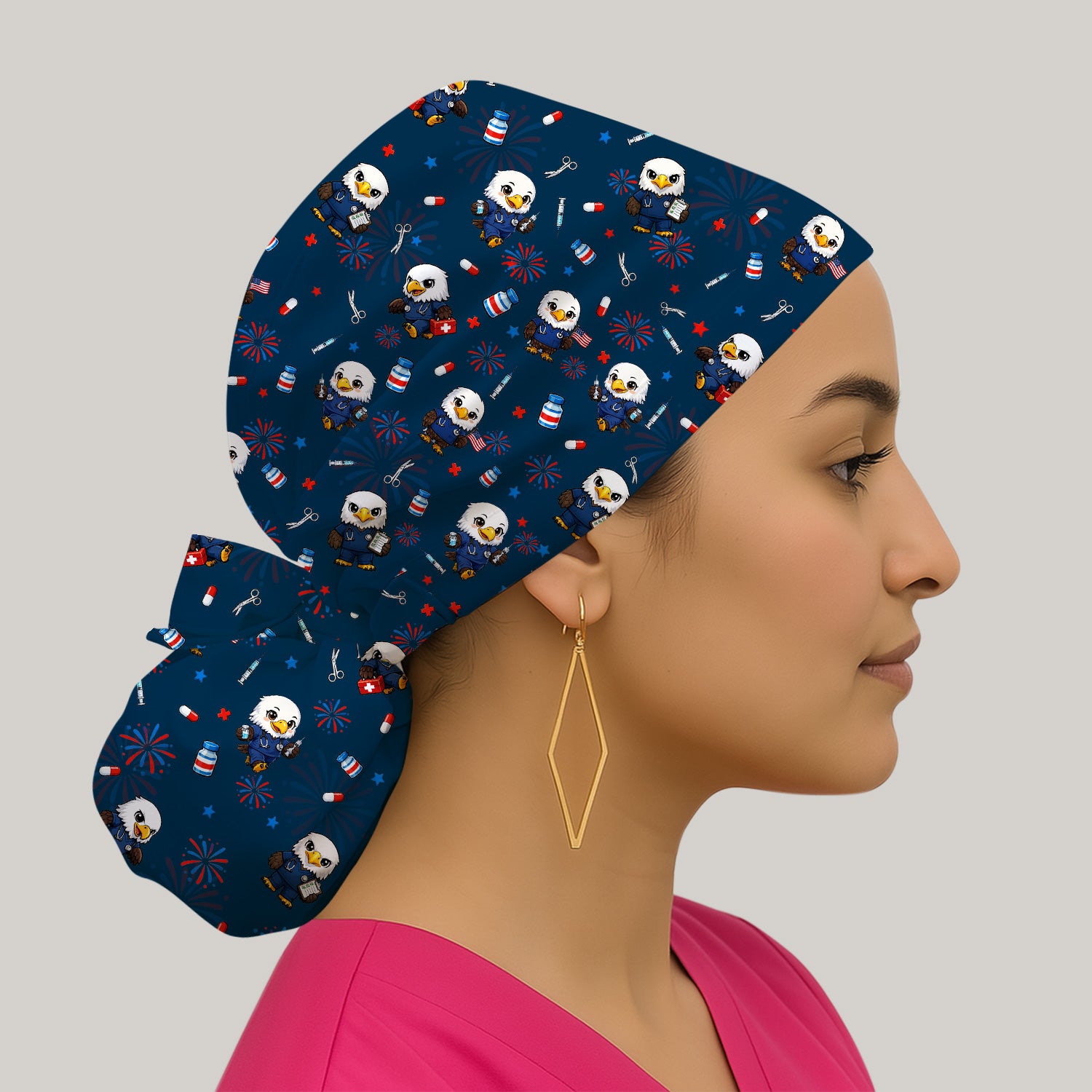 Patriotic Nurse Eagle Fireworks Medical Pattern Cap, Bouffant Scrub Caps for Women