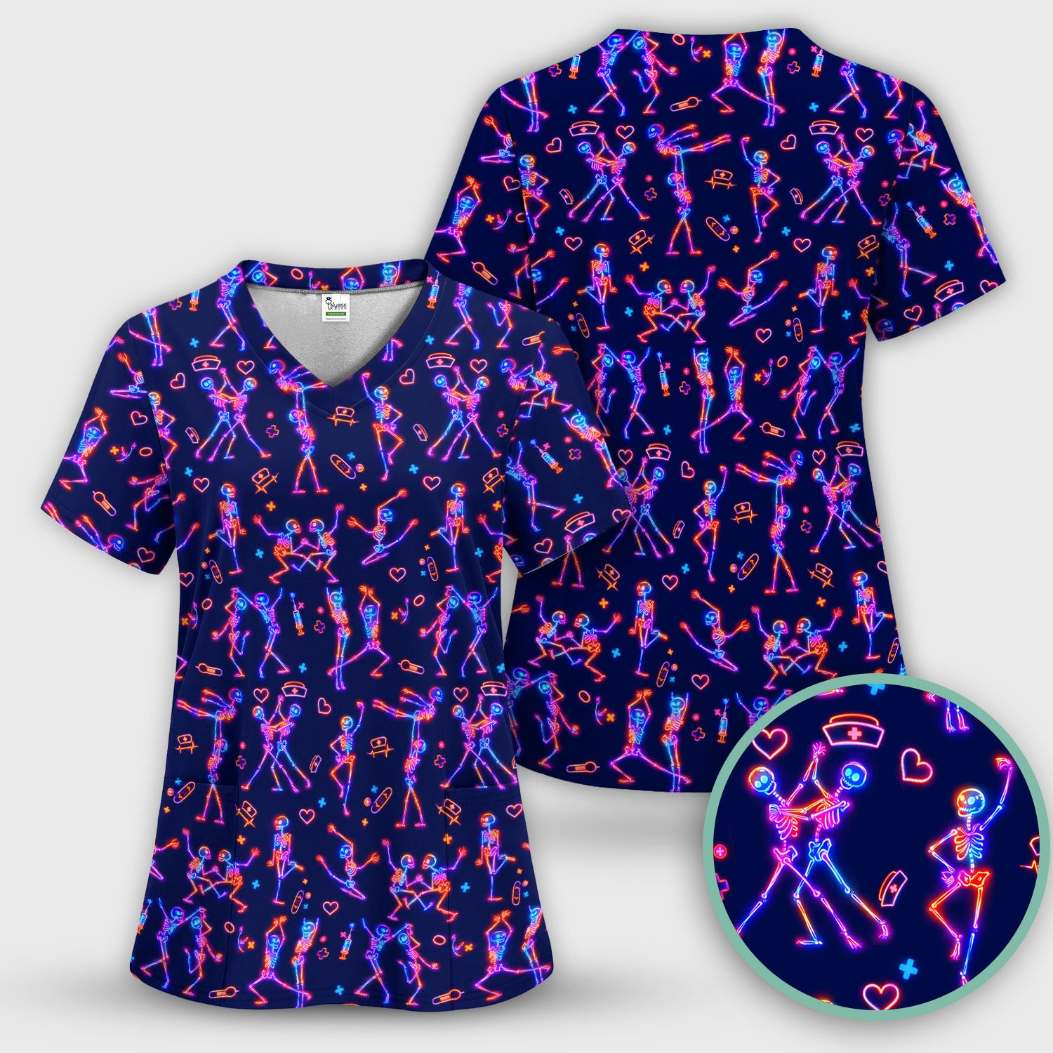 Neon Dancing Skeleton Medical Pattern Scrub Top, Comfortable Scrubs for Nurses