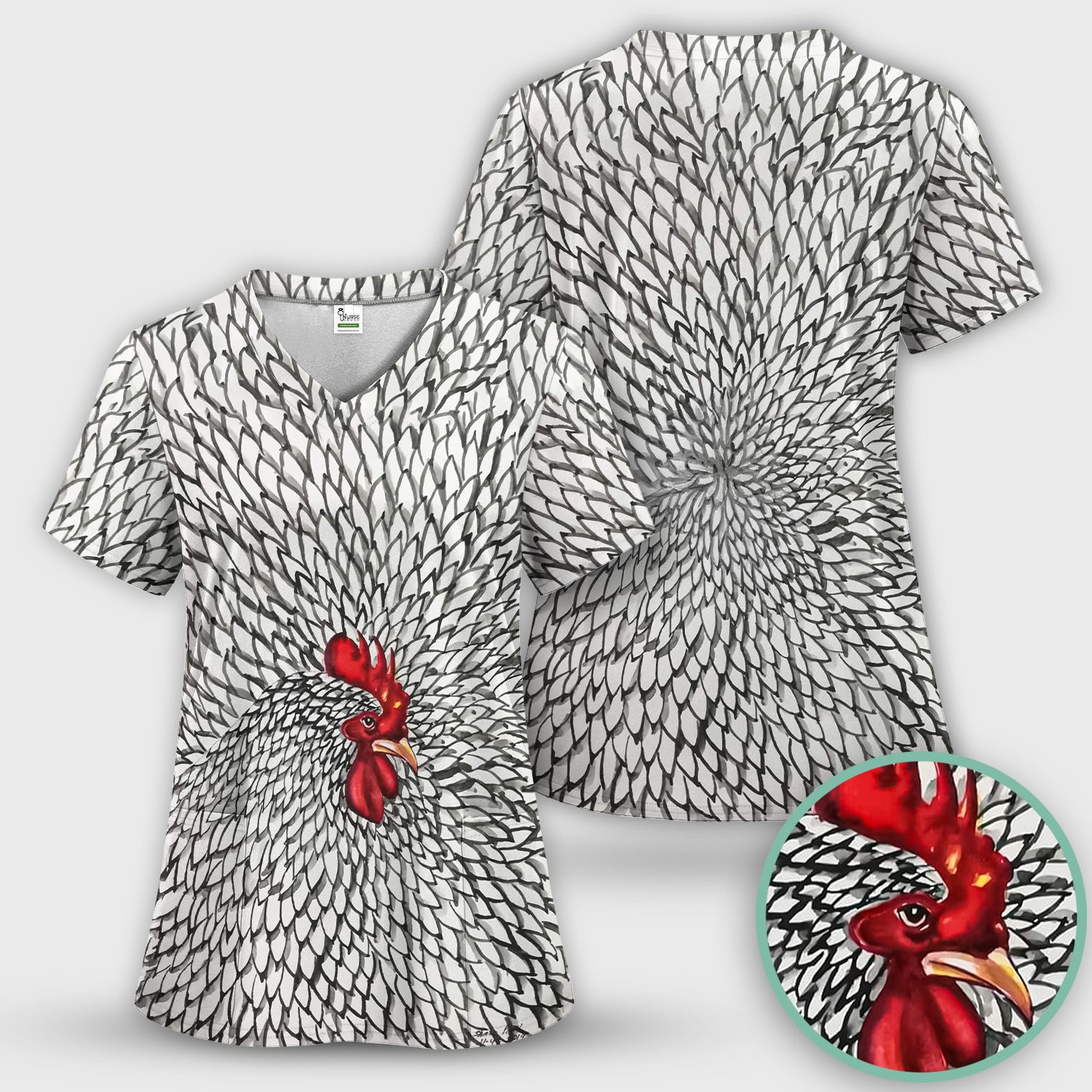 Watercolor Rooster Feather Pattern Scrub Top, Comfortable Scrubs for Nurses