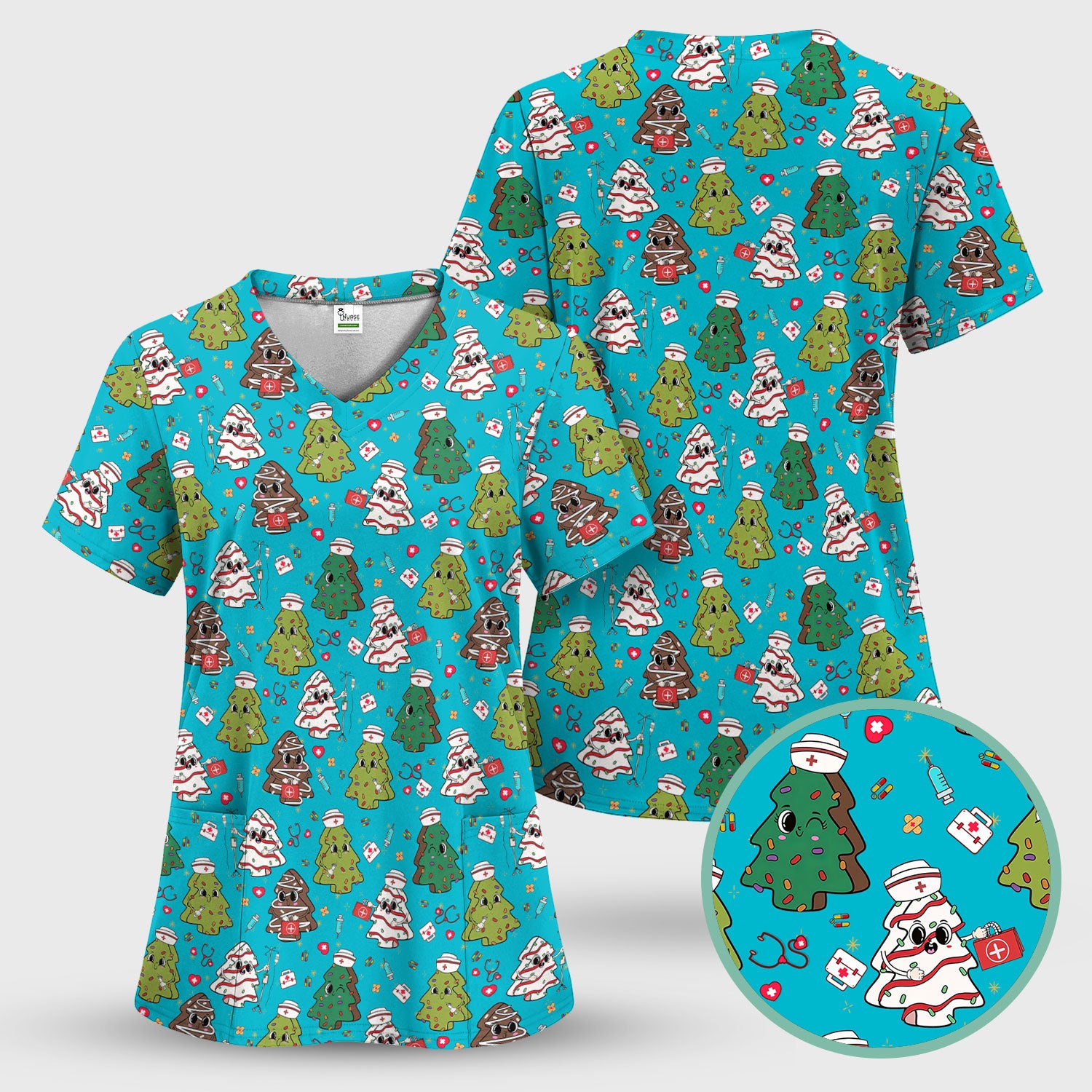 Christmas Nursing Scrub Top for Women - Festive Tree Medical Shirt - Cute Holiday RN CNA LPN Gift