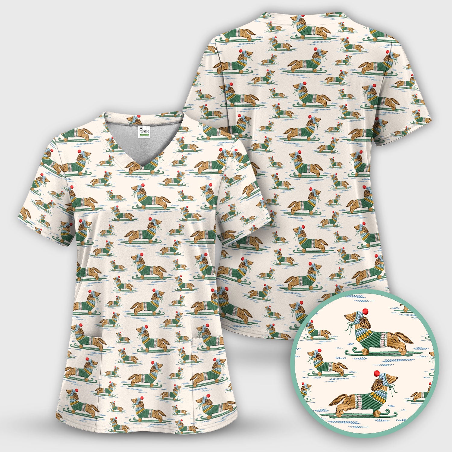 Dachshund Nurse Scrub Top, Wiener Dog Winter Pattern Shirt, Breathable Fabrics Nursing Uniform