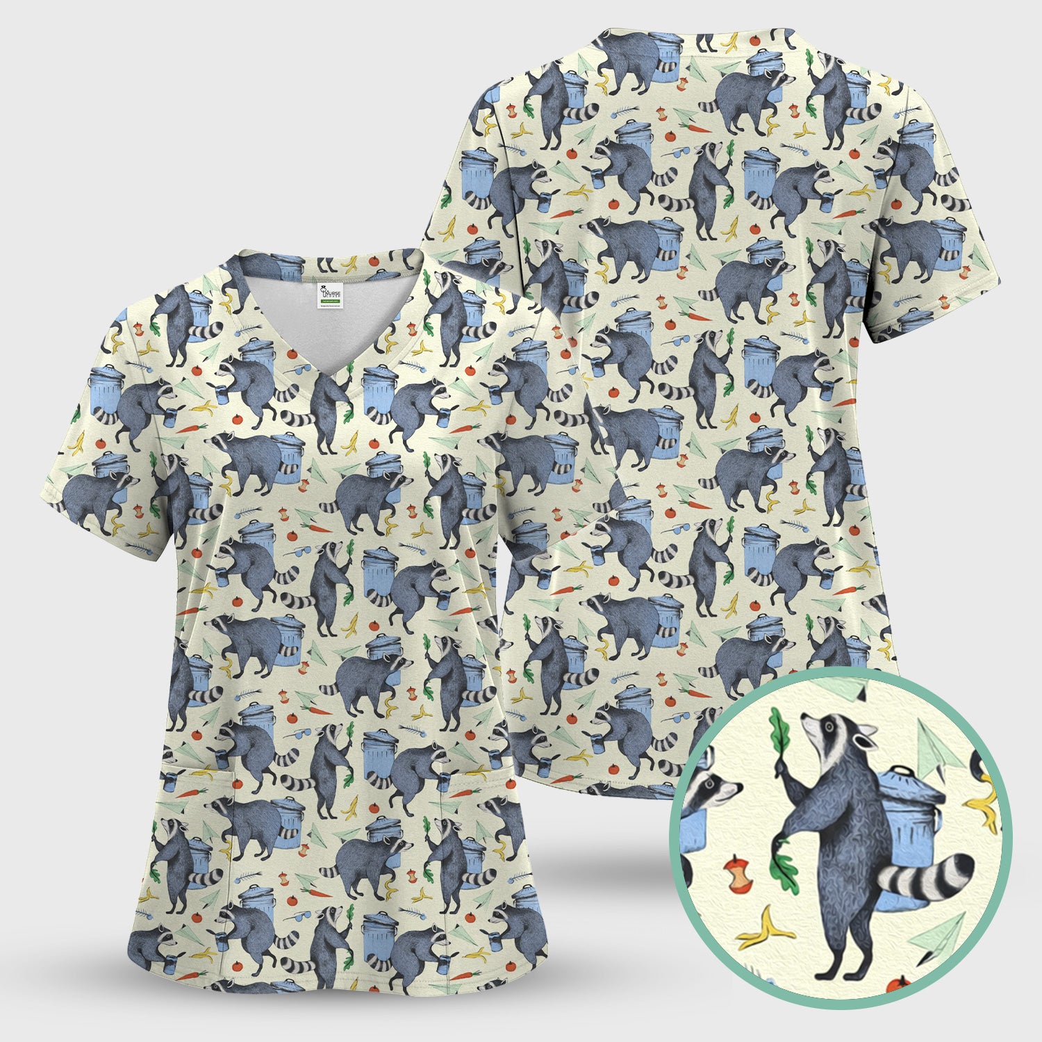 Funny Nurse Raccoon Eating Trash Banana Scrub Set, Scrub Pants and V Neck Top