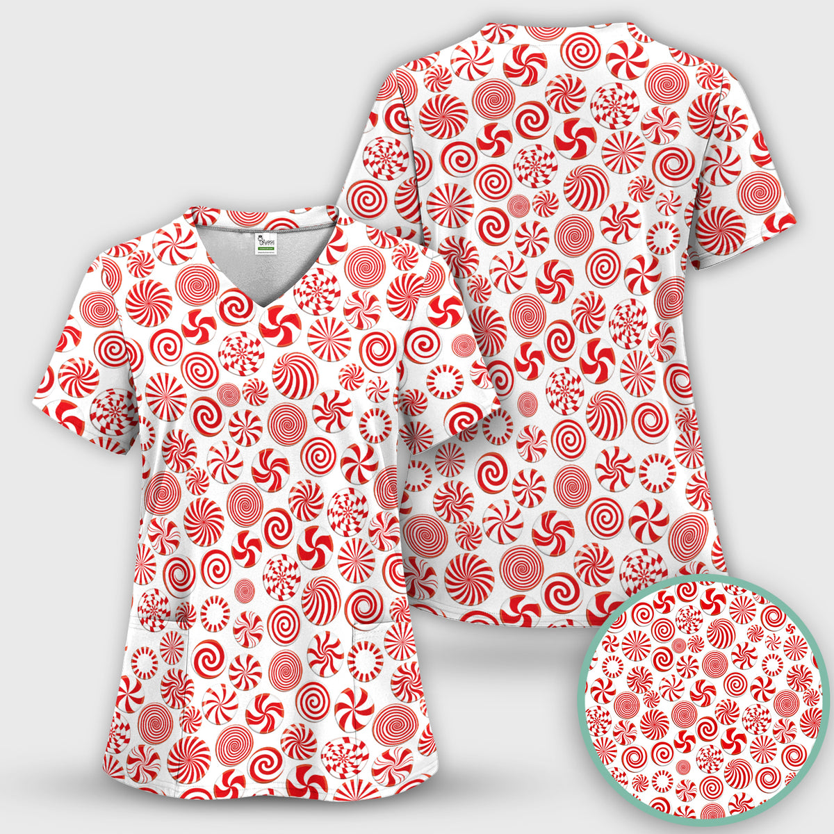 Christmas Peppermint Candy Pattern Scrub Top, Comfortable Scrubs for Nurses