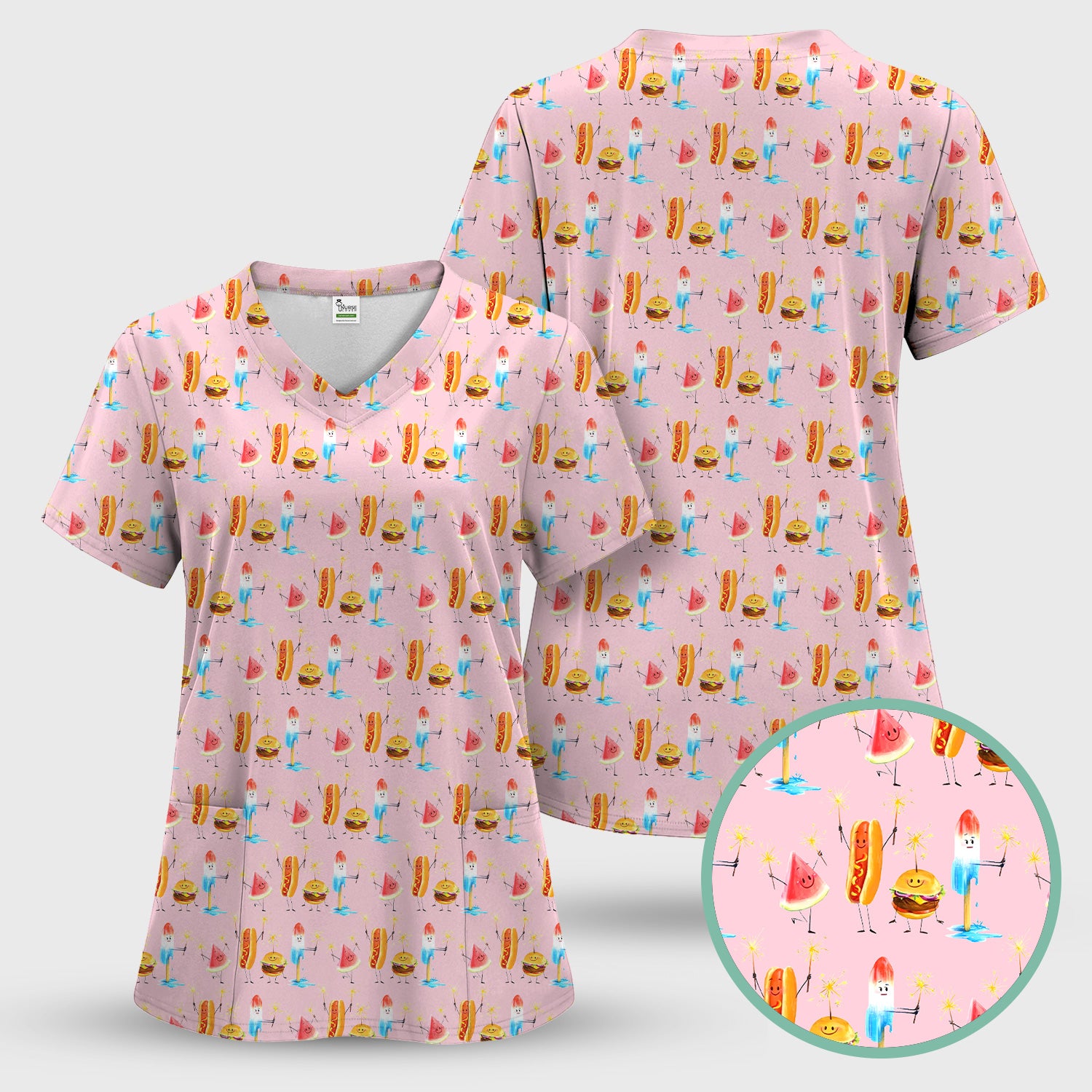 Funny Summer Food Icons Pattern Scrub Set, Breathable Fabrics Nursing Uniform