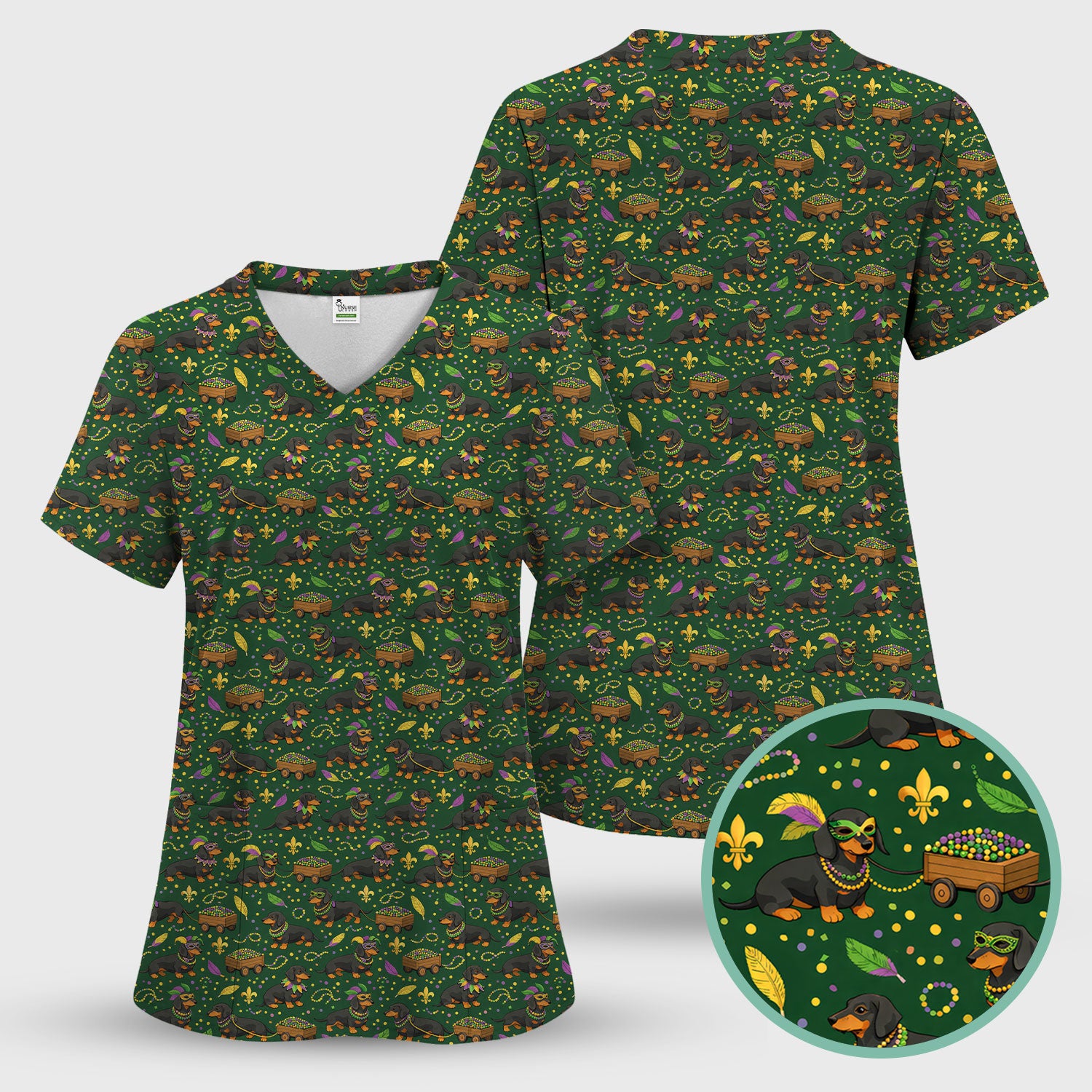 Funny Mardi Gras Dachshund Scrub Top, Festival Wiener Dog Pattern Nurse Shirt, Breathable Fabrics Nursing Uniform