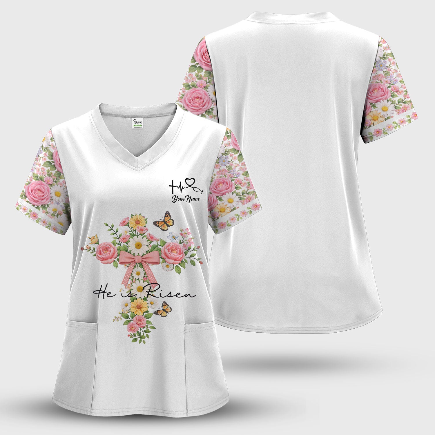 Personalized Meaningful Easter Nurse He Is Risen Floral Cross Bow Pattern Scrub Top, Comfortable Scrubs for Nurses