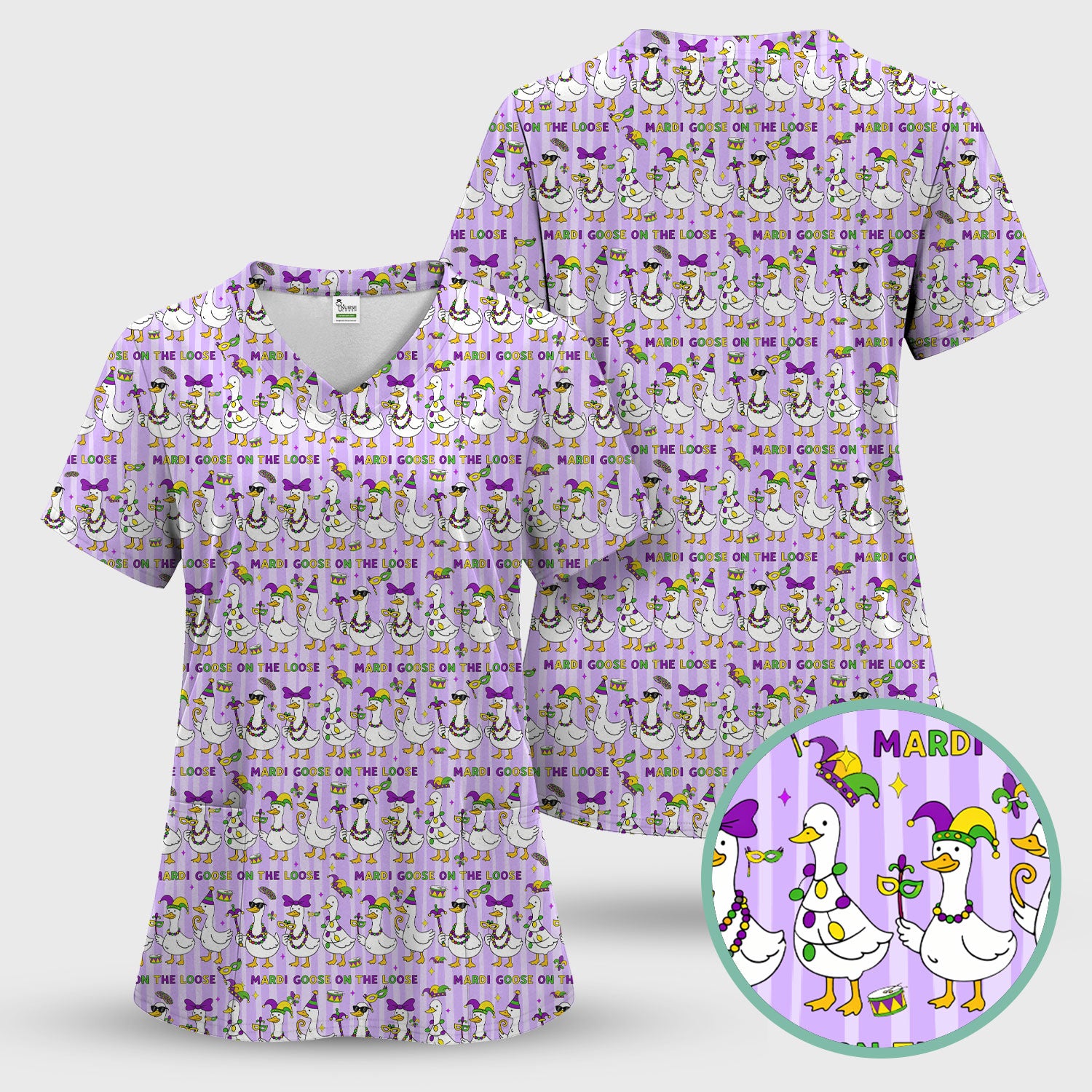 Mardi Gras Goose Nurse Scrub Set, Funny Carnival Medical Pattern Nurse Shirt, Breathable Fabrics Nursing Uniform