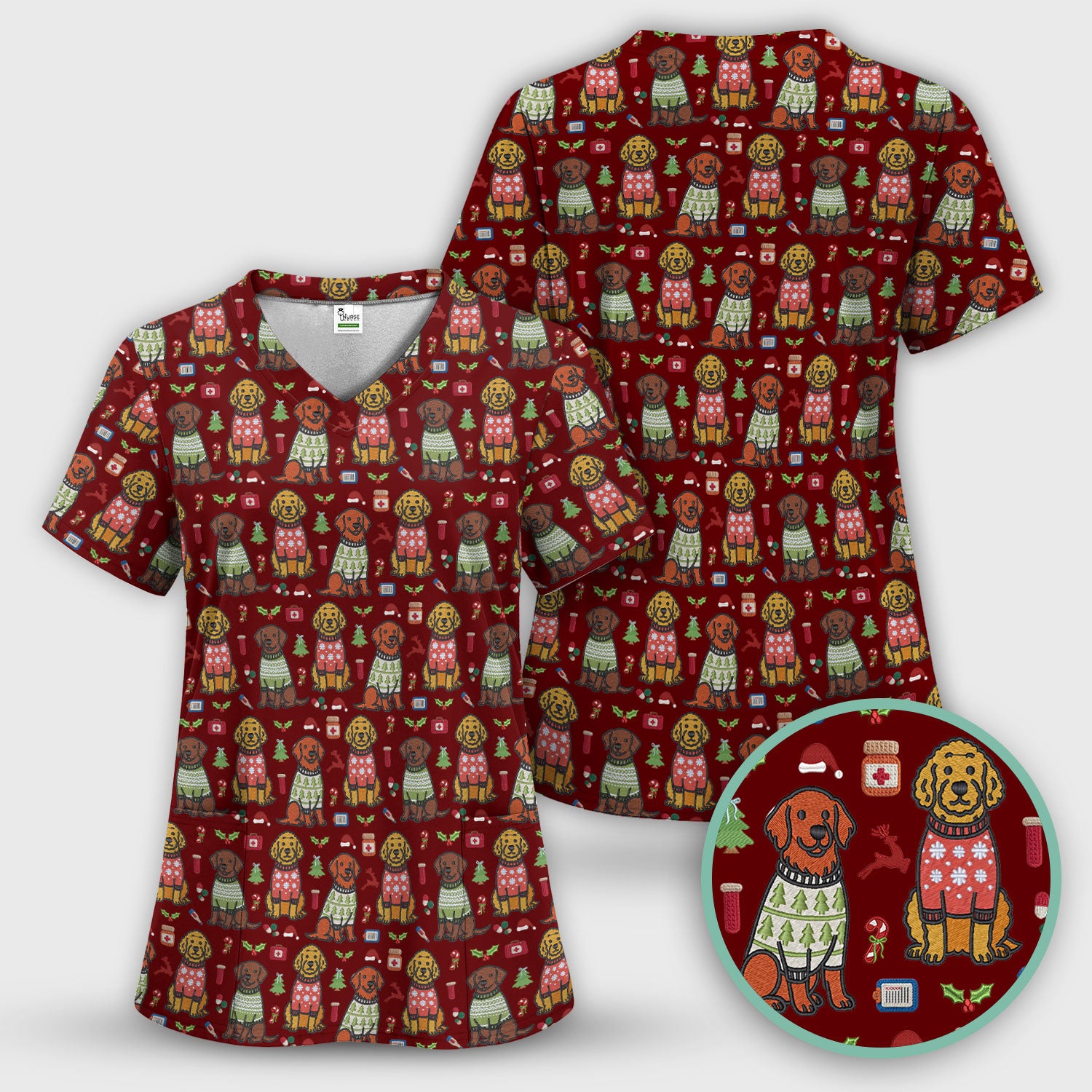 Golden Retriever Christmas Scrub Top, Cute Holiday Dog Nurse Pattern Shirt, Breathable Fabrics Nursing Uniform