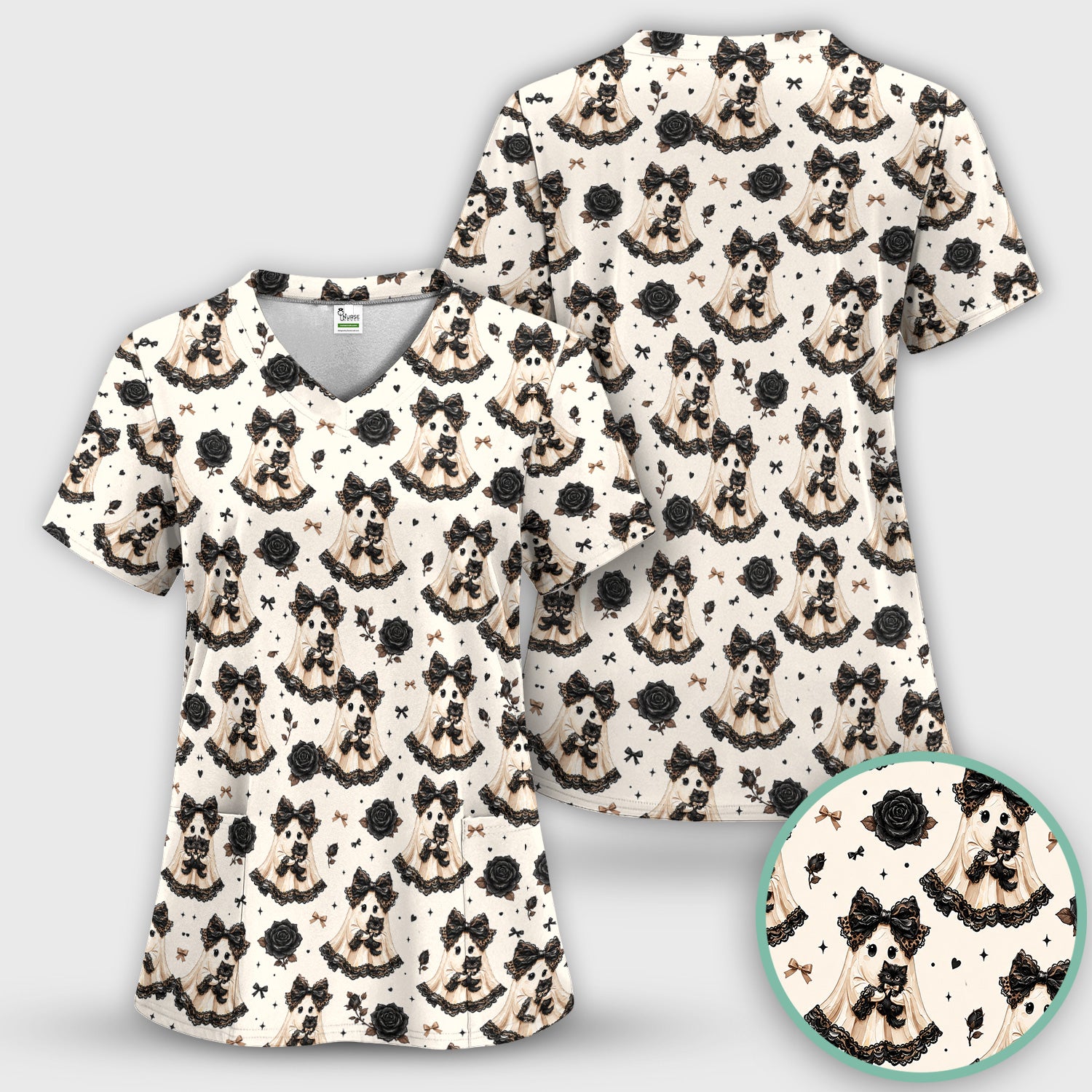 Halloween Ghost Black Cat Pattern Scrub Set, Scrub Pants and V Neck Top