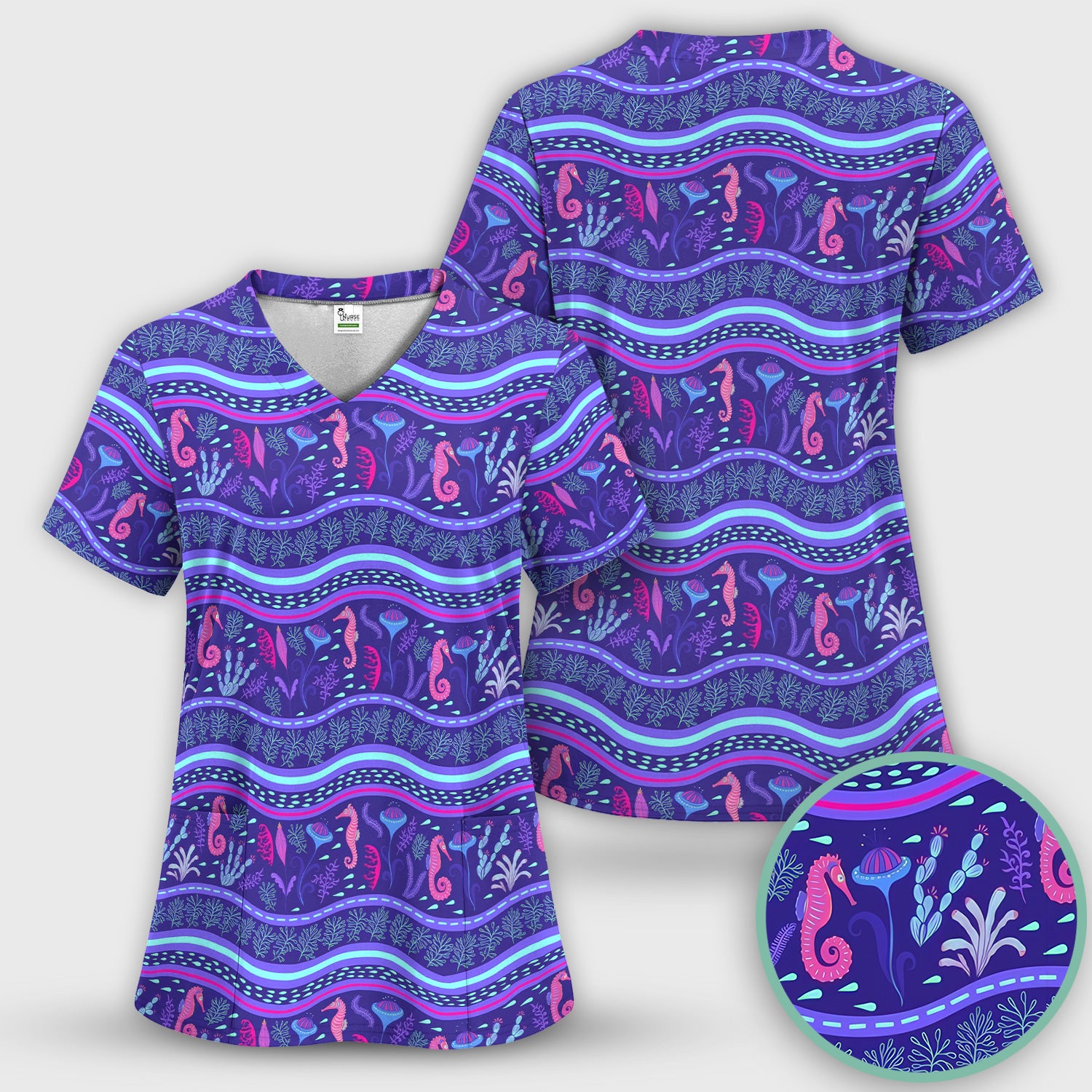 Purple Seahorse Ocean Pattern Scrub Top, Comfortable Scrubs for Nurses