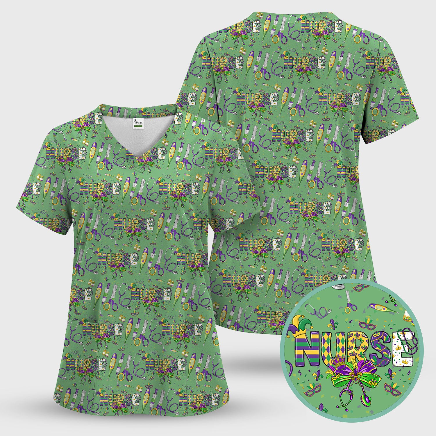 Mardi Gras Nurse Scrub Top, Holiday Medical Pattern Nurse Shirt, Breathable Fabrics Nursing Uniform