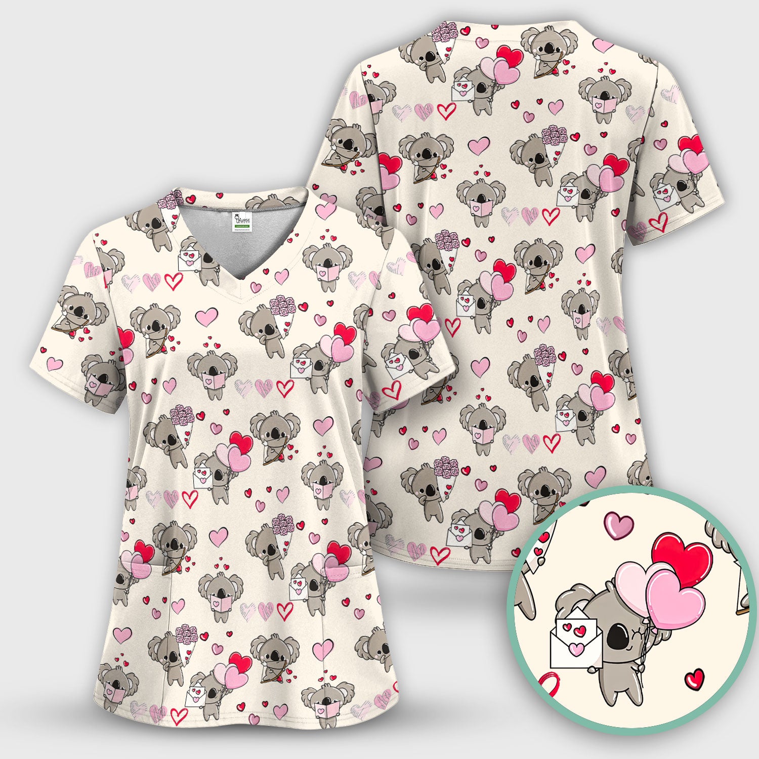 Valentine Koala Holding Flowers Cute Print Scrub, Women's Scrub Sets