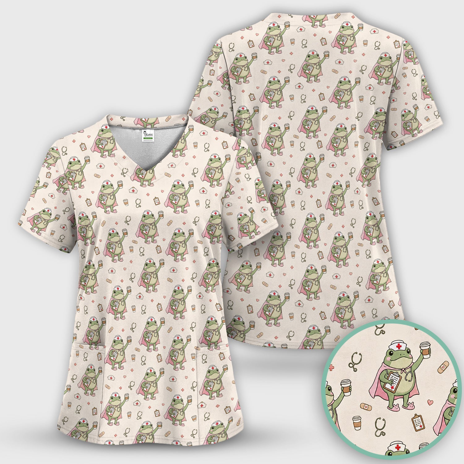 Cute Super Nurse Frog Pattern Scrub Top, Comfortable Scrubs for Nurses