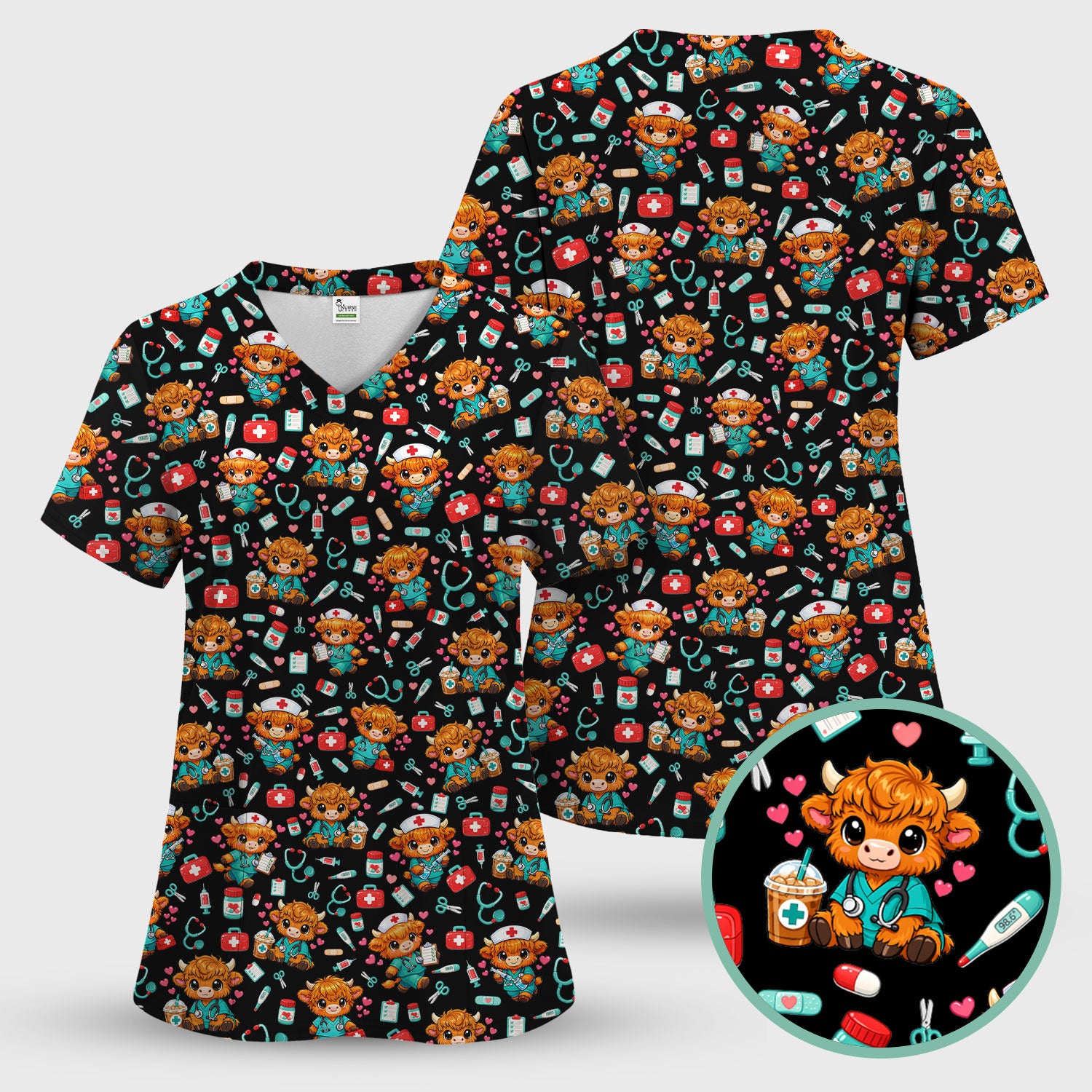 Cute Highland Cow Nurse Scrub Top, Kawaii Medical Pattern Shirt, Breathable Fabrics Nursing Uniform