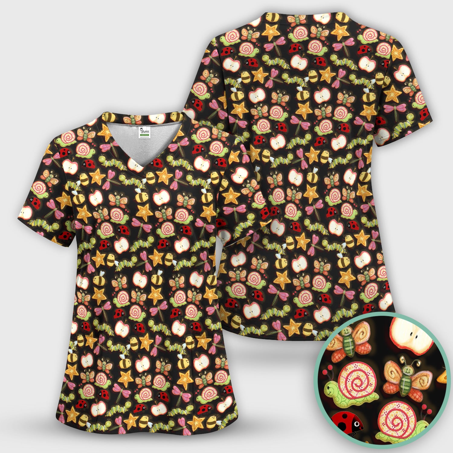 Cute Nurse Snail Ladybug Caterpillar Apple Garden Pattern Scrub Top, Breathable Fabrics Nursing Uniform