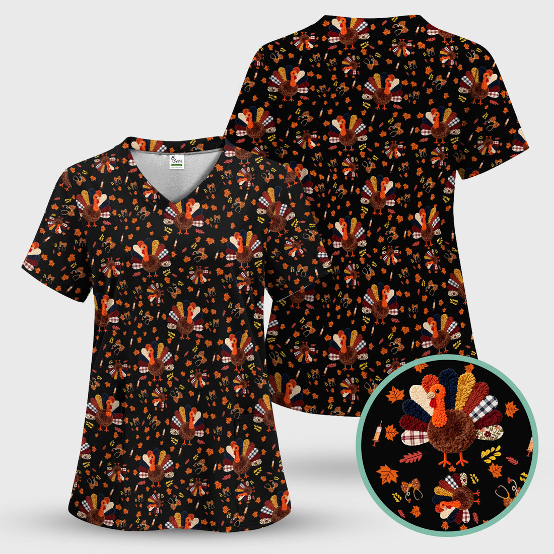 Thanksgiving Comfortable Scrubs for Nurses - Funny Autumn Turkey Shirt - Breathable Fabrics Nursing Uniform