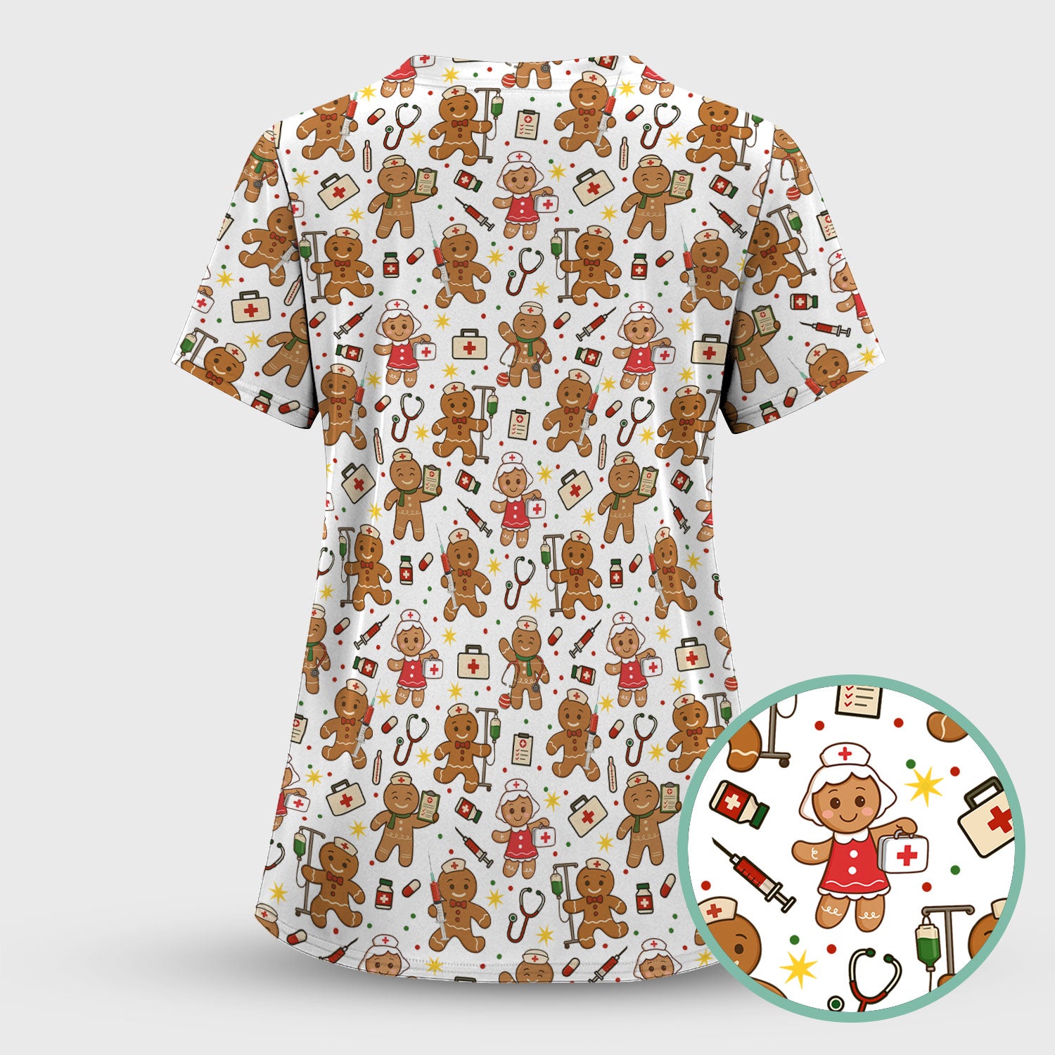 Gingerbread Christmas Nurse Scrub Top - Cute Holiday Cookie Pattern Shirt for Women - Funny Festive Nursing Gift for RN LPN CNA