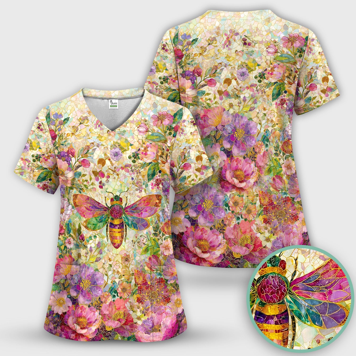 Vibrant Mosaic Bee Nurse for RN, CNA, Floral Garden Medical Scrub Top, Comfortable Scrubs for Nurses
