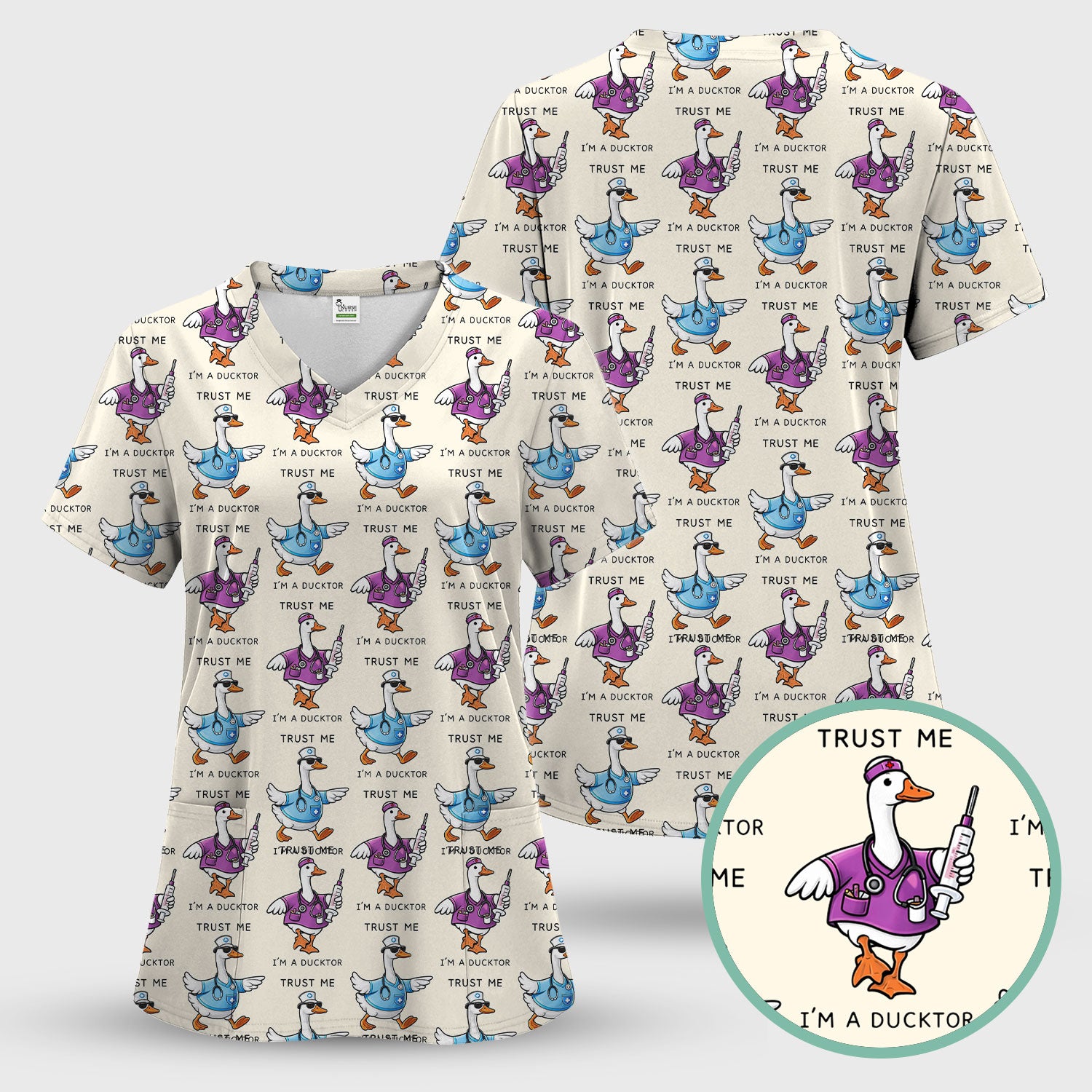 Funny Duck Cartoon Medical Pattern Scrub Top, Comfortable Scrubs for Nurses