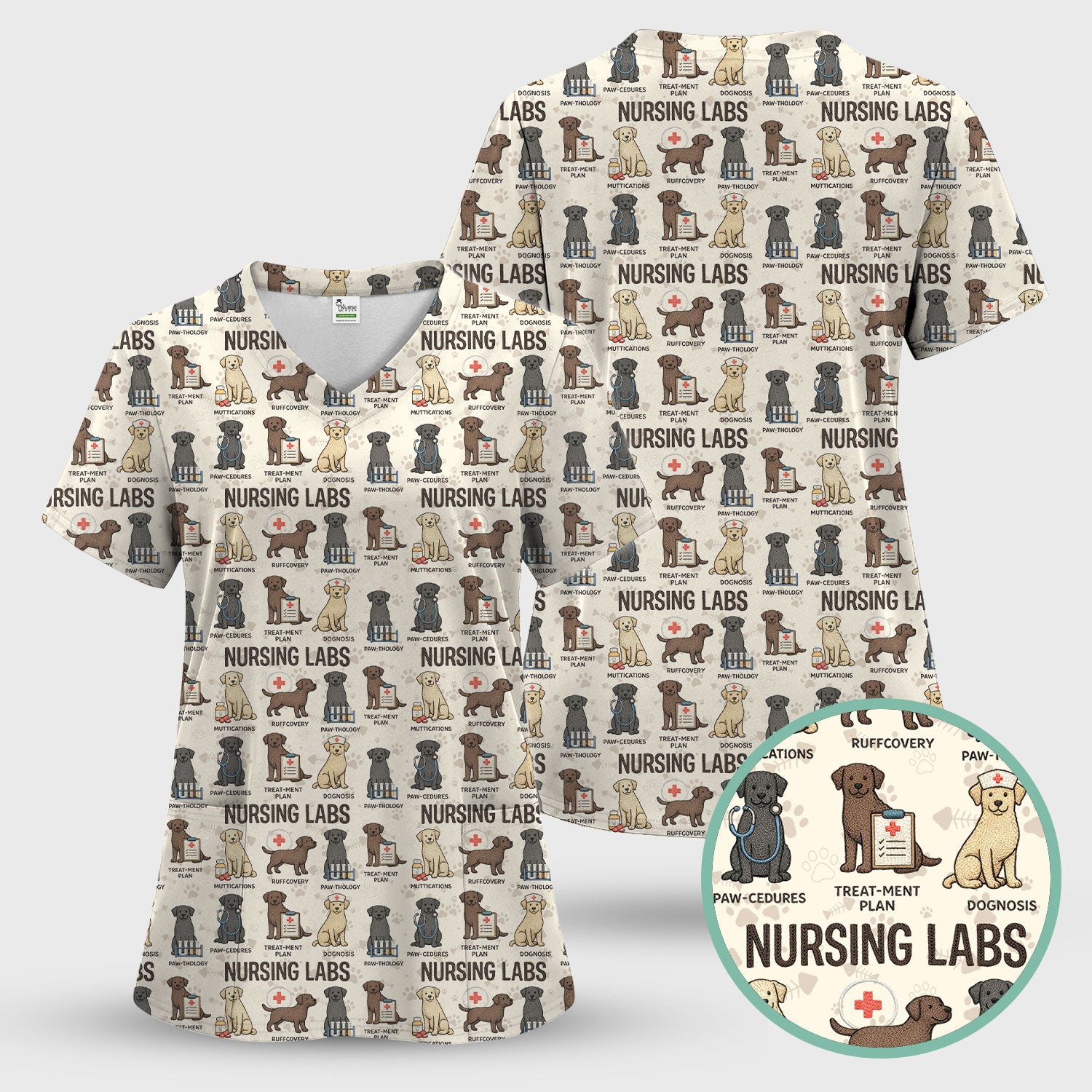 Playful Nursing Labs Dog Pattern Scrub Top, Comfortable Scrubs for Nurses
