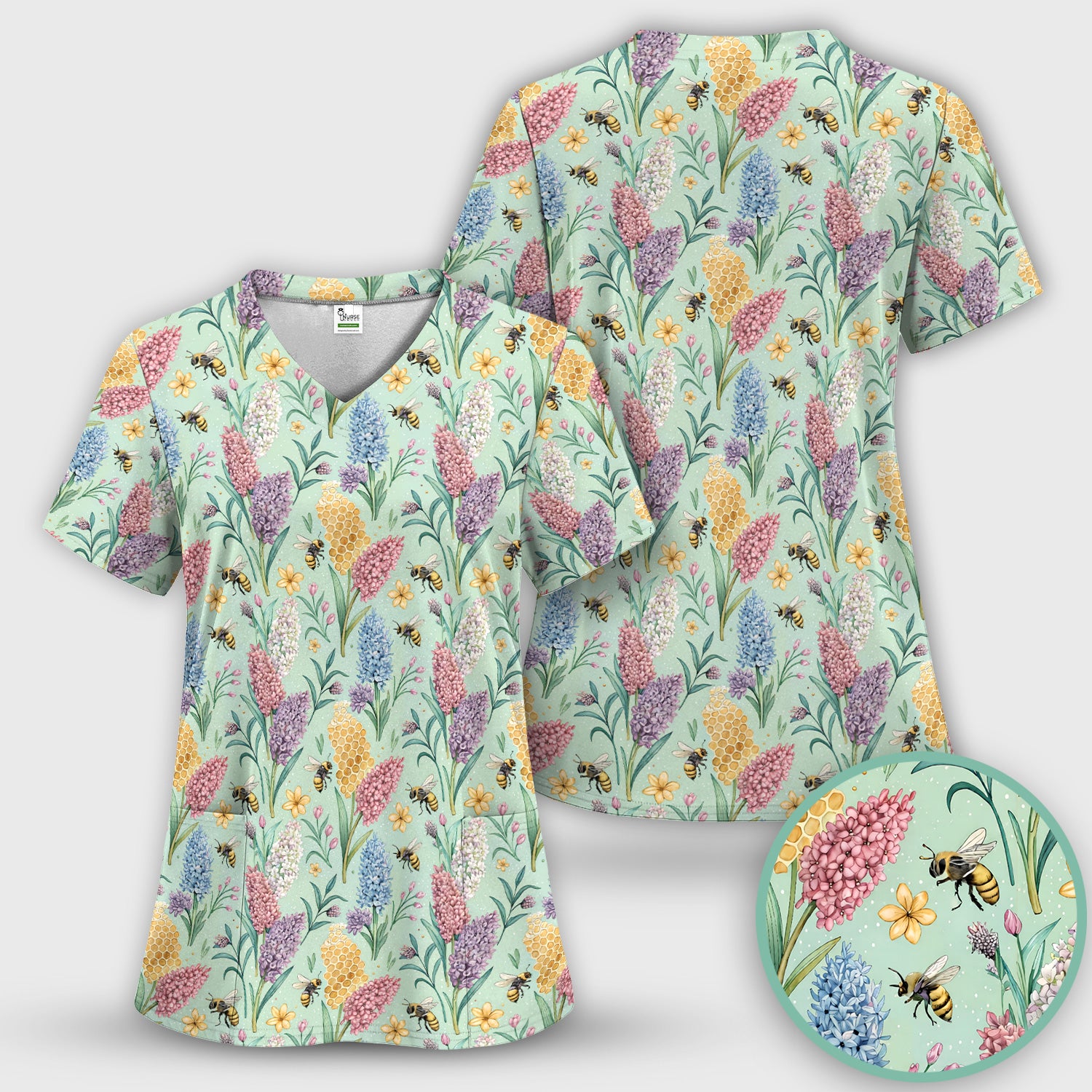 Pastel Wildflower Honeybee Pattern Scrub Top, Comfortable Scrubs for Nurses