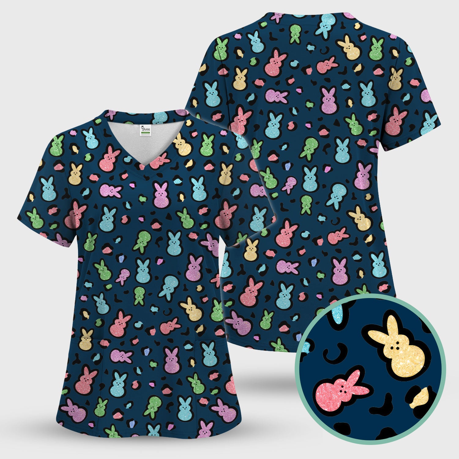 Cute Easter Bunny Pastel Pattern Scrub Set, Scrub Pants and V Neck Top