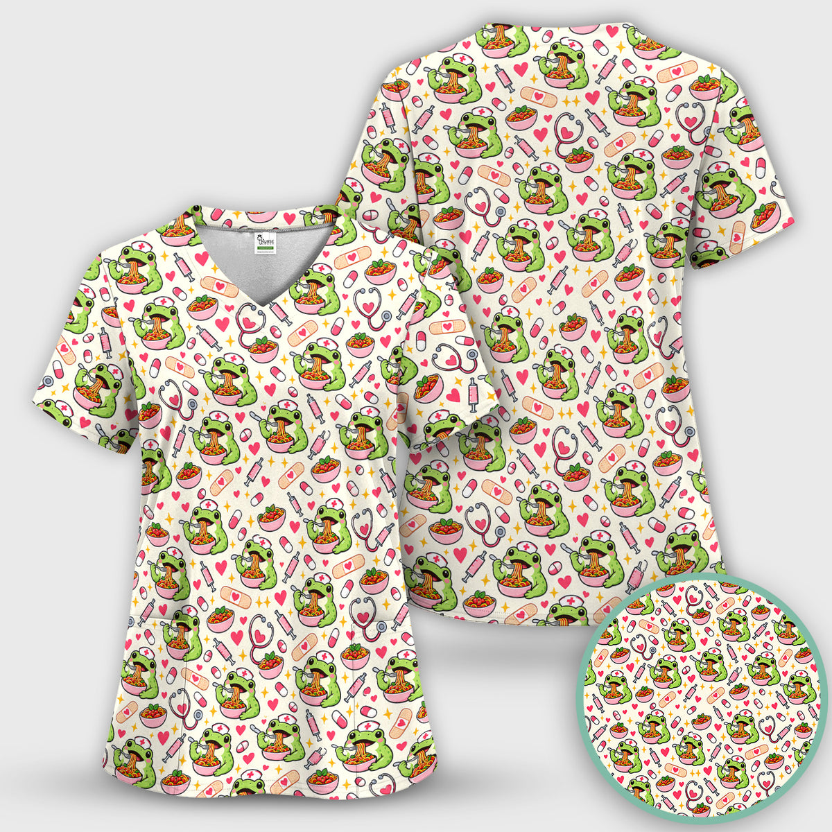 Cute Nurse Frogs Eating Noodles Pattern Scrub Set, Scrub Pants and V Neck Top