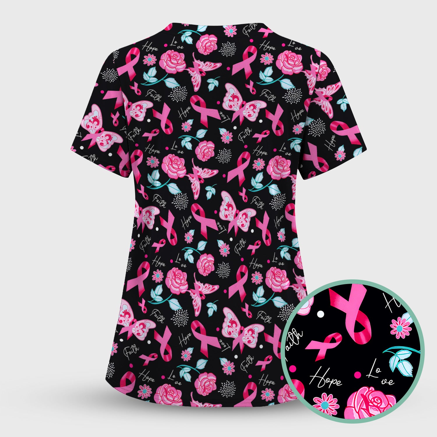 Breast Cancer Awareness Scrub Top - Pink Ribbon Nurse Shirt with Flowers - Gift for Women RN CNA LPN