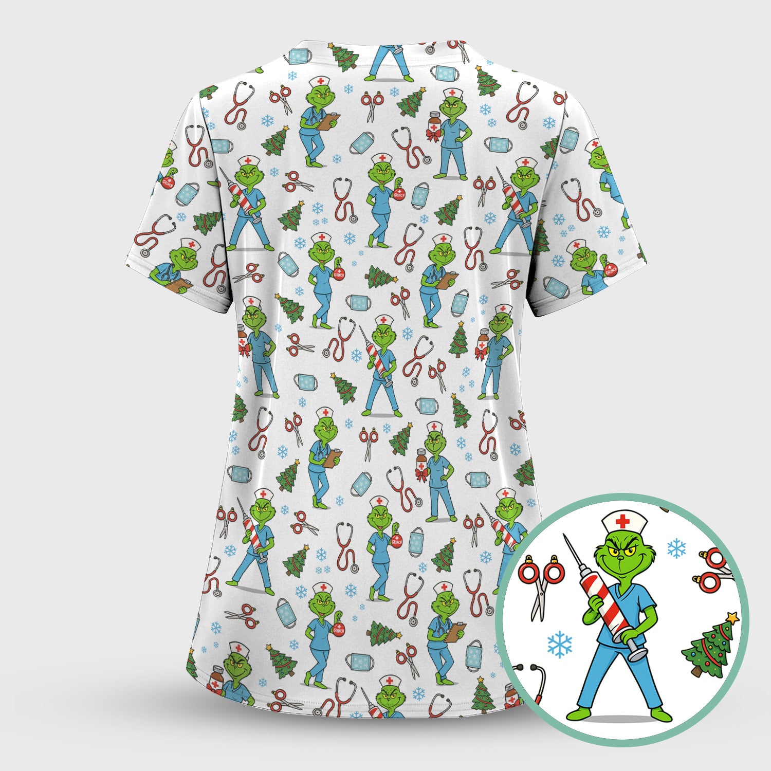 Grinch Christmas Scrub Top for Nurses - Funny Medical Workwear Top - RN LPN CNA Gift