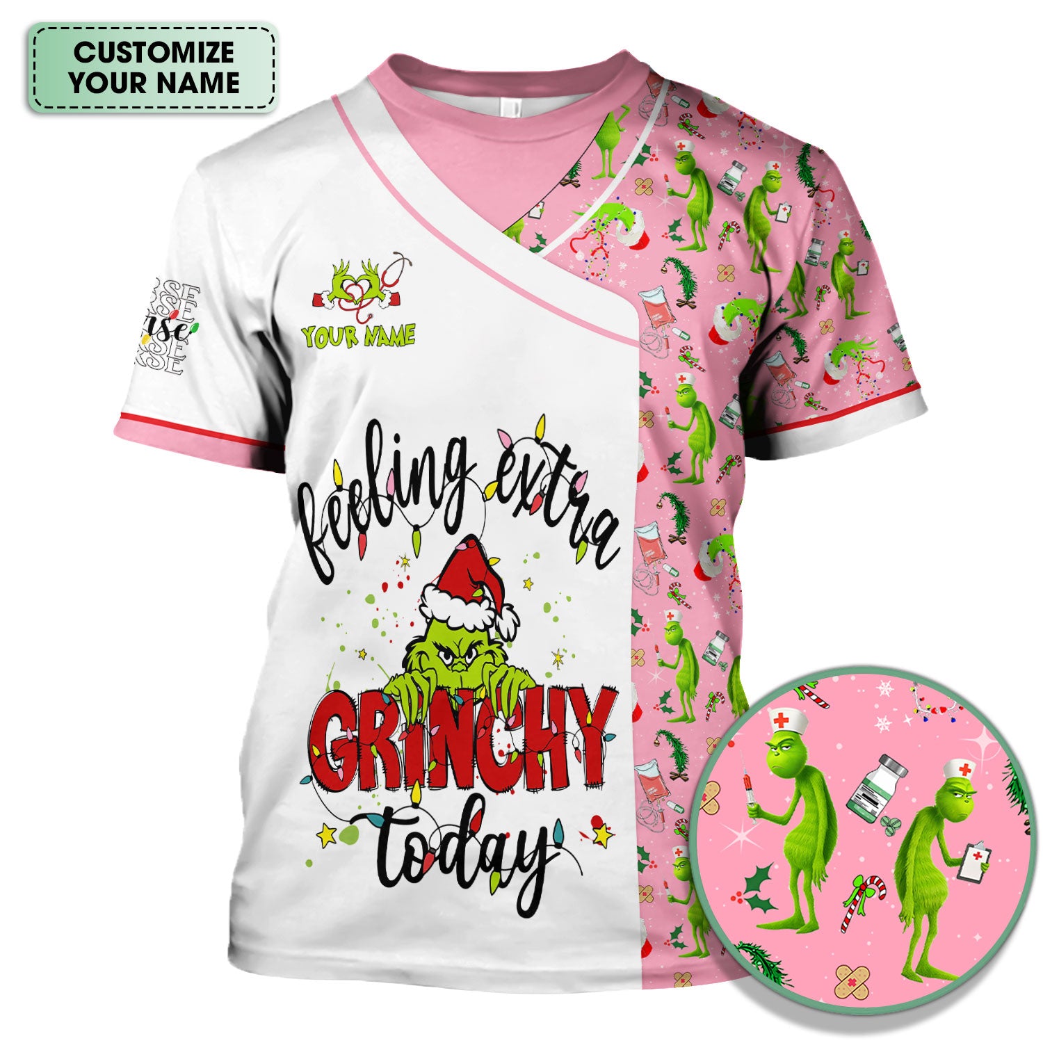 Personalized Grinch Nurse Scrub Top - Funny Christmas Scrub Shirt Multi Color - Feeling Extra Grinchy Today Holiday Nursing Gift