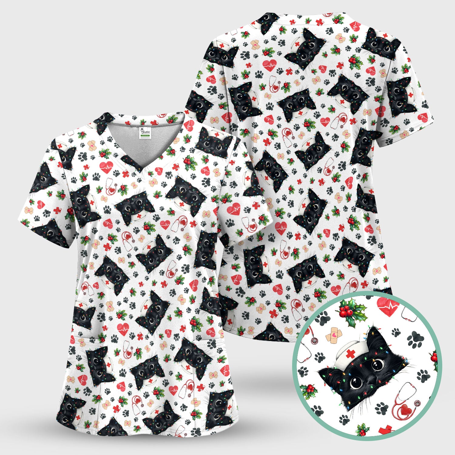 Funny Cats Scrub Top for Nurses - Black Kittens Christmas Medical Uniform - Jolly Holiday Gift for RN CNA LPN