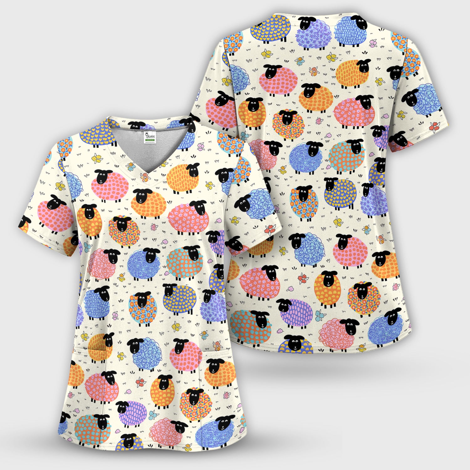 Funny Colorful Sheep Pattern Scrub Top, Comfortable Scrubs for Nurses