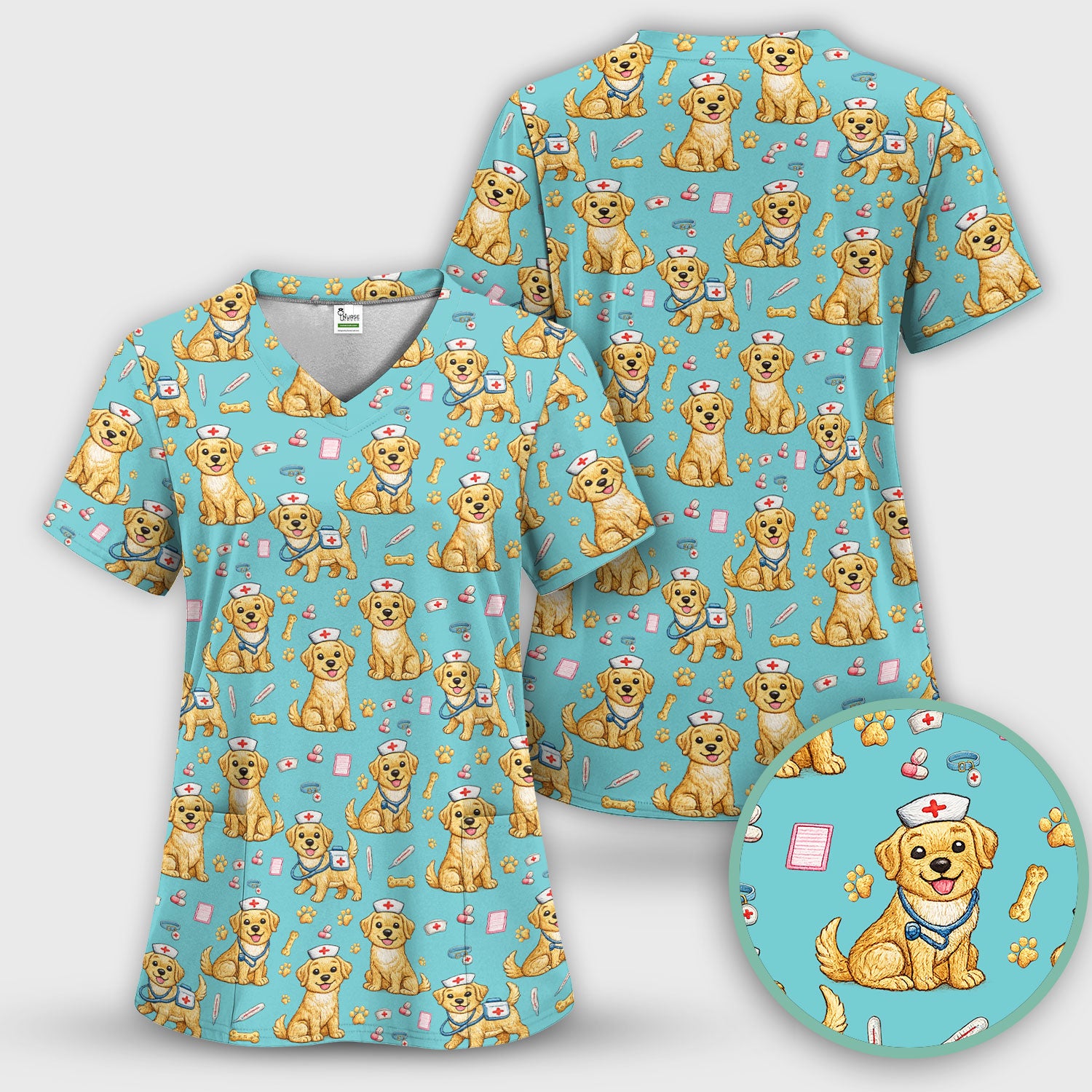 Cute Puppy Nurse Medical Print Scrub Top, Comfortable Scrubs for Nurses