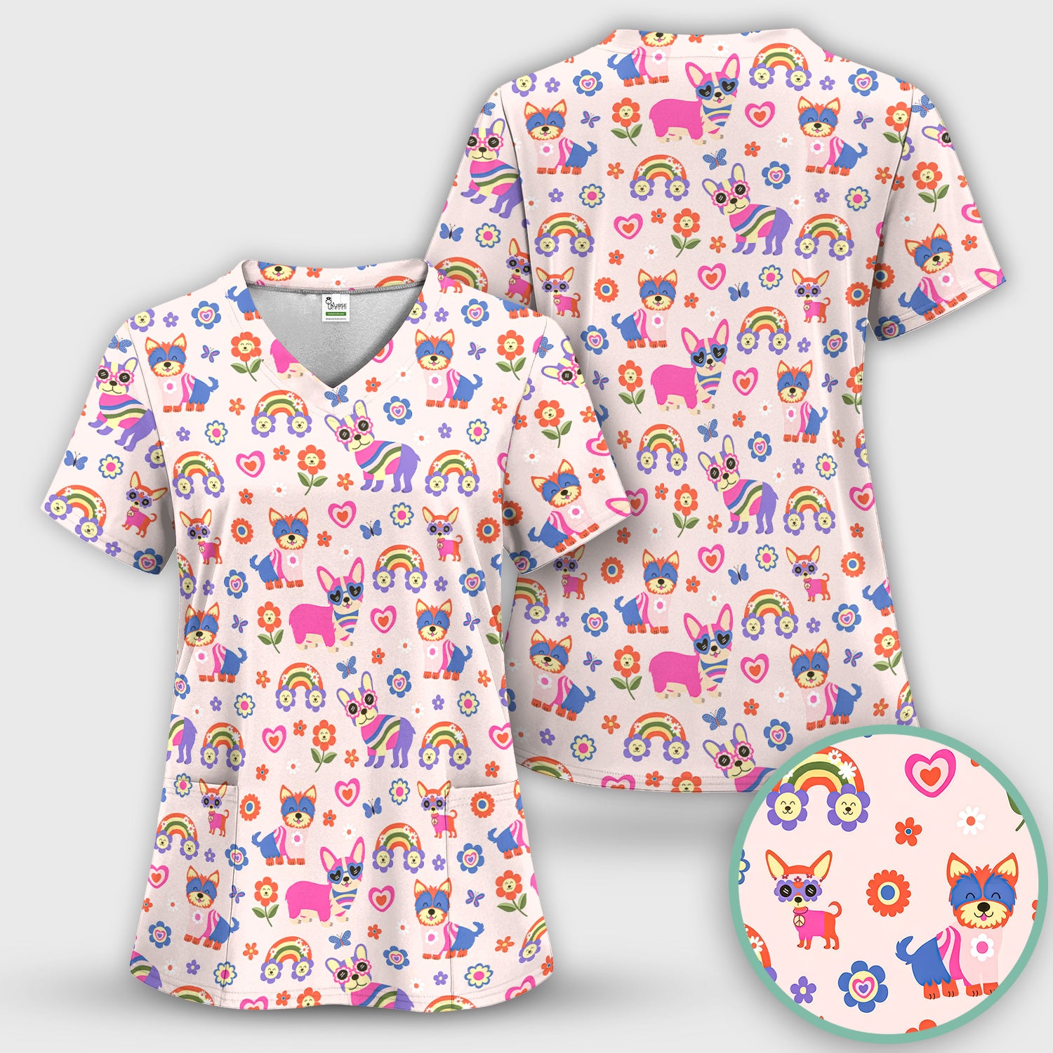 Colorful Cartoon Dogs With Rainbow Flowers Pattern Pattern Scrub Set, Scrub Pants and V Neck Top