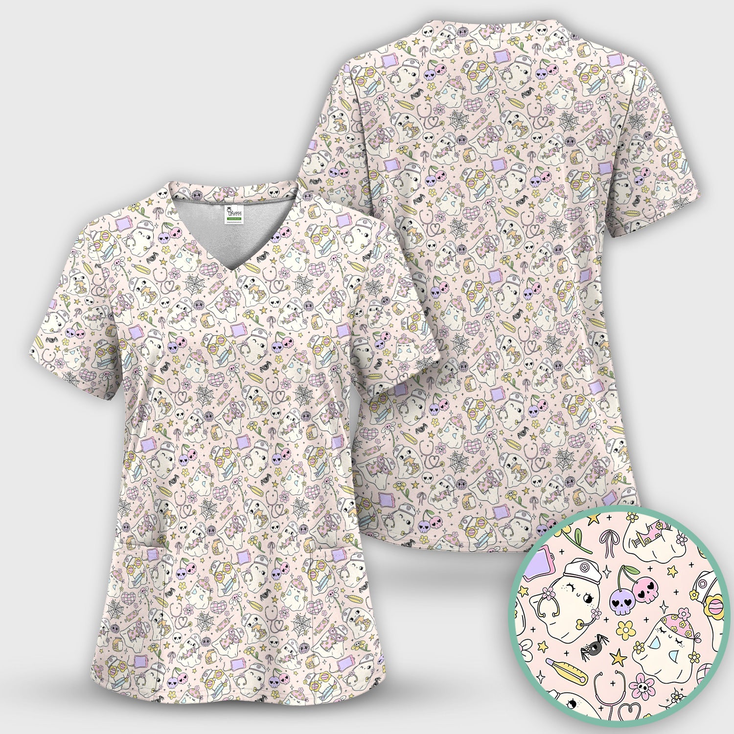 Cute Halloween Nurse Ghosts Pattern Scrub Top, Comfortable Scrubs for Nurses