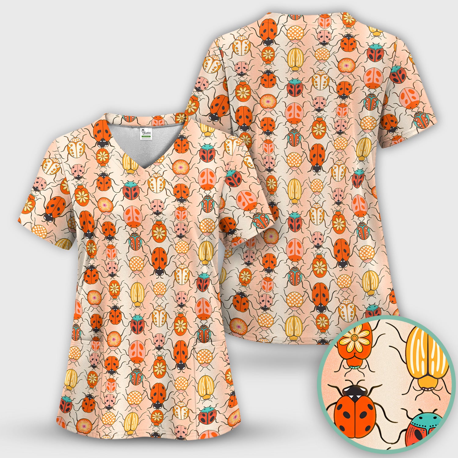 Cute Ladybug Beetle Floral Pattern Scrub Top, Breathable Fabrics Nursing Uniform