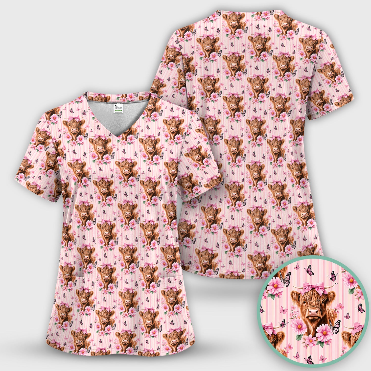 Pink Highland Cow Floral Scrub Top, Comfortable Scrubs for Nurses