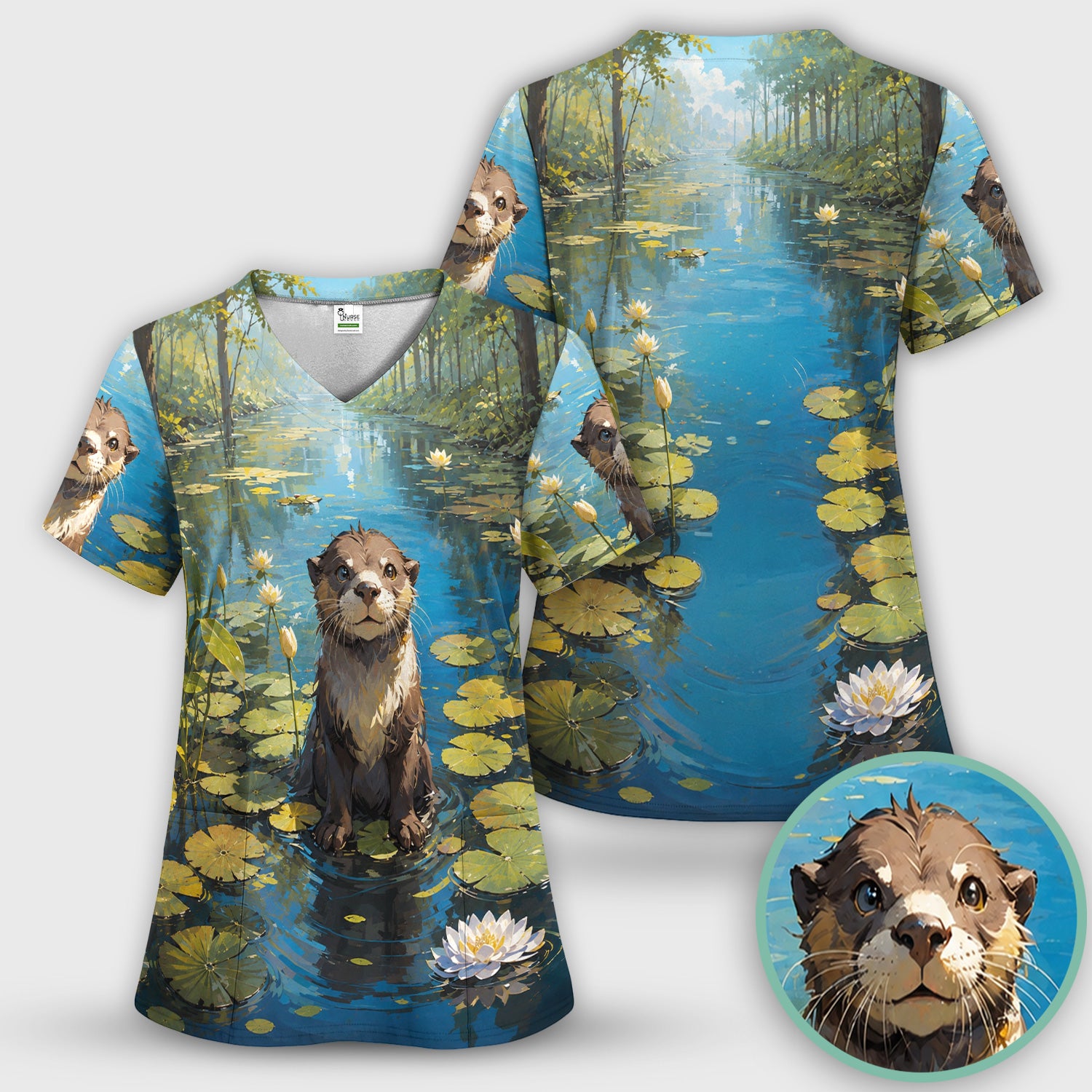 Cute Otter Pond Pattern Scrub Top, Comfortable Scrubs for Nurses