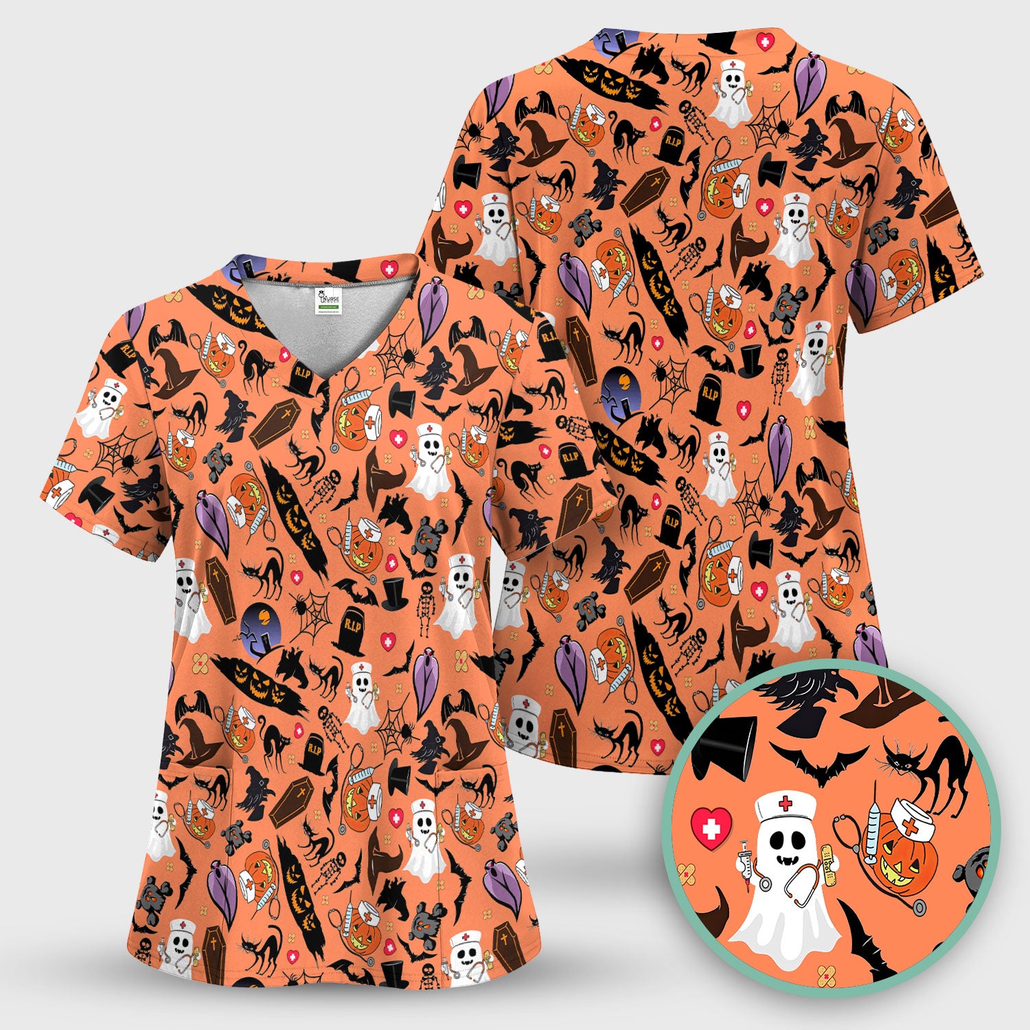Spooky Halloween Scrub Top - Pumpkin Ghost Bat Nurse Shirt - Wicked Witch Medical Uniform for Women RN CNA LPN